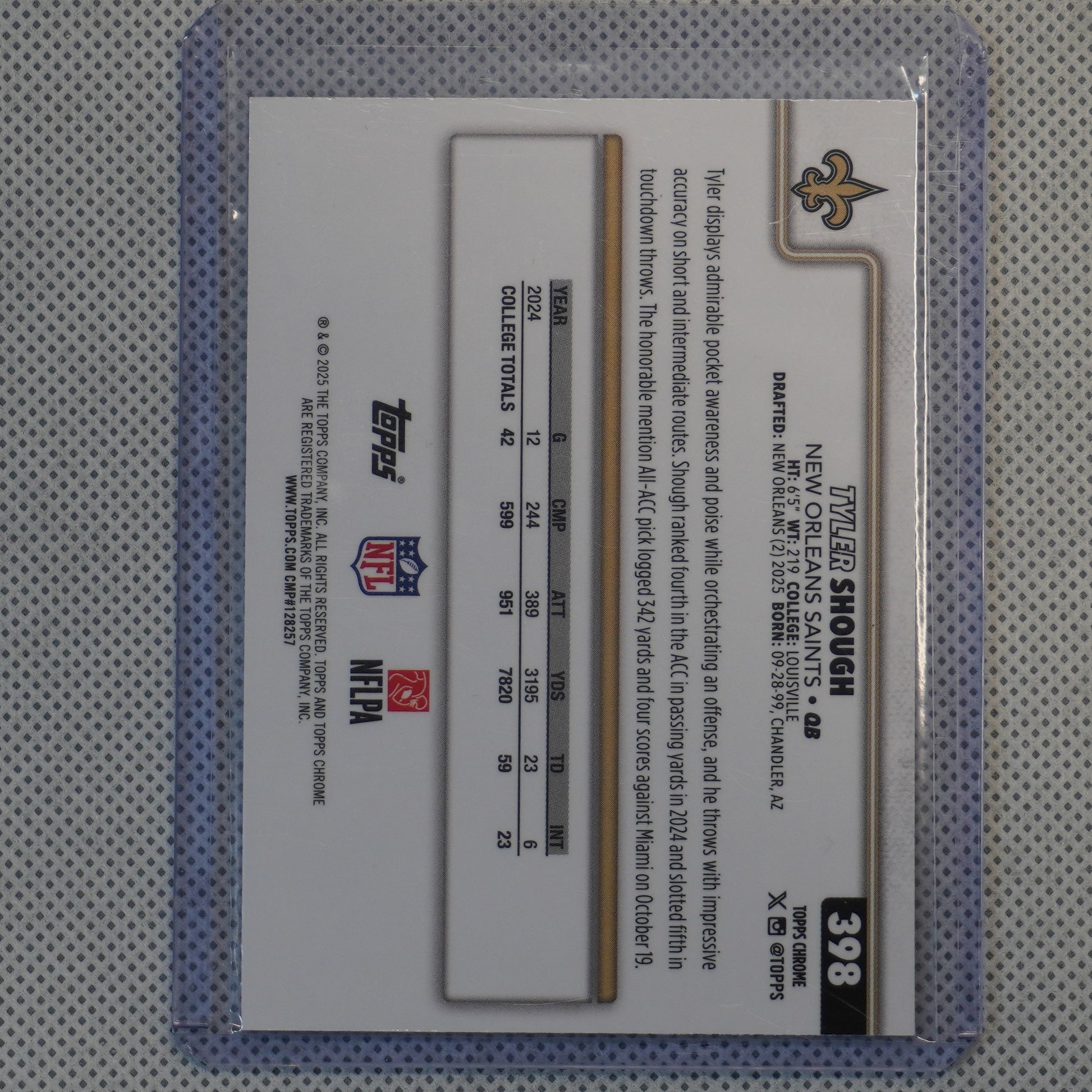 2025 Topps Chrome #398 Tyler Shough New Orleans Saints RC