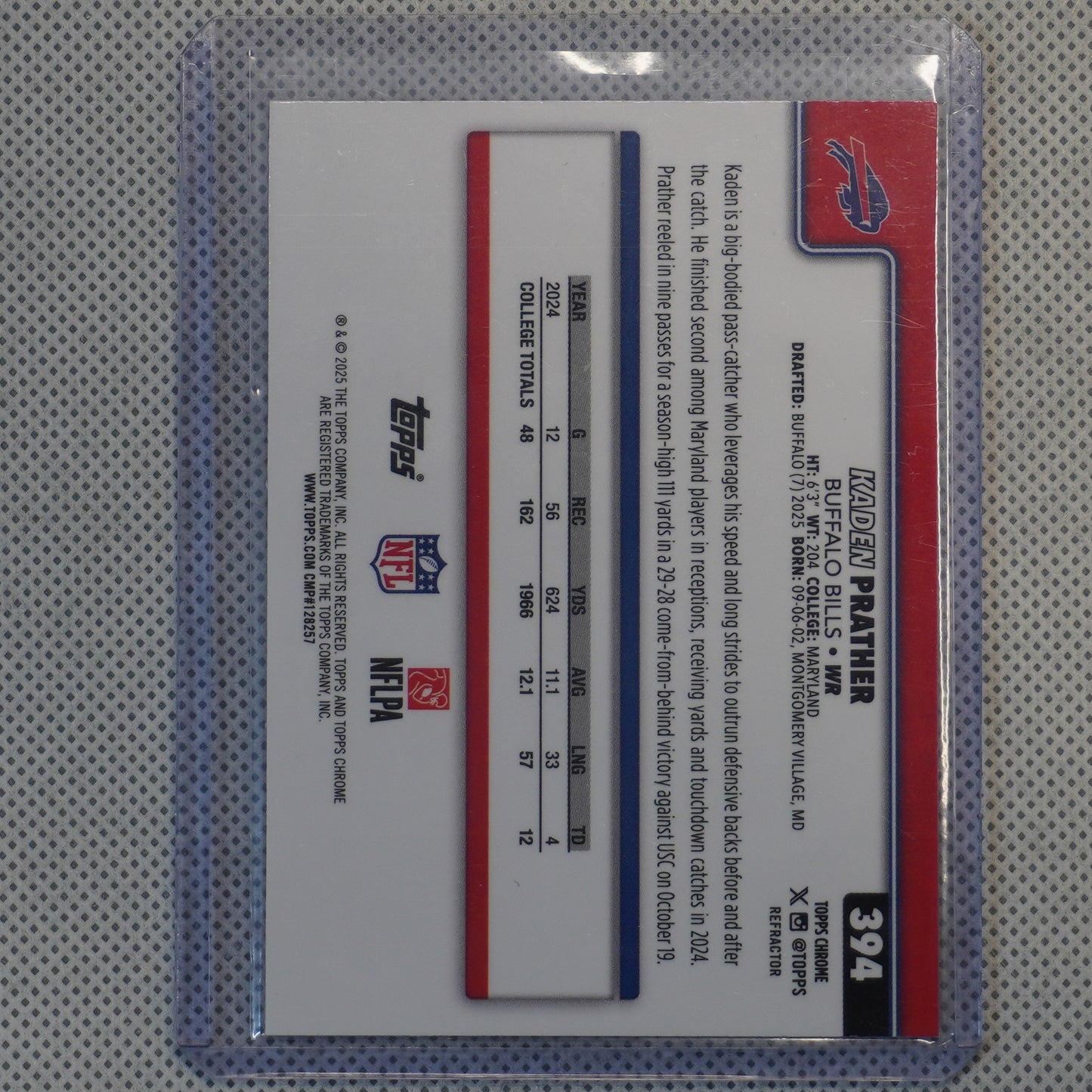 2025 Topps Chrome #394 Kaden Prather Refractor Buffalo Bills RC
