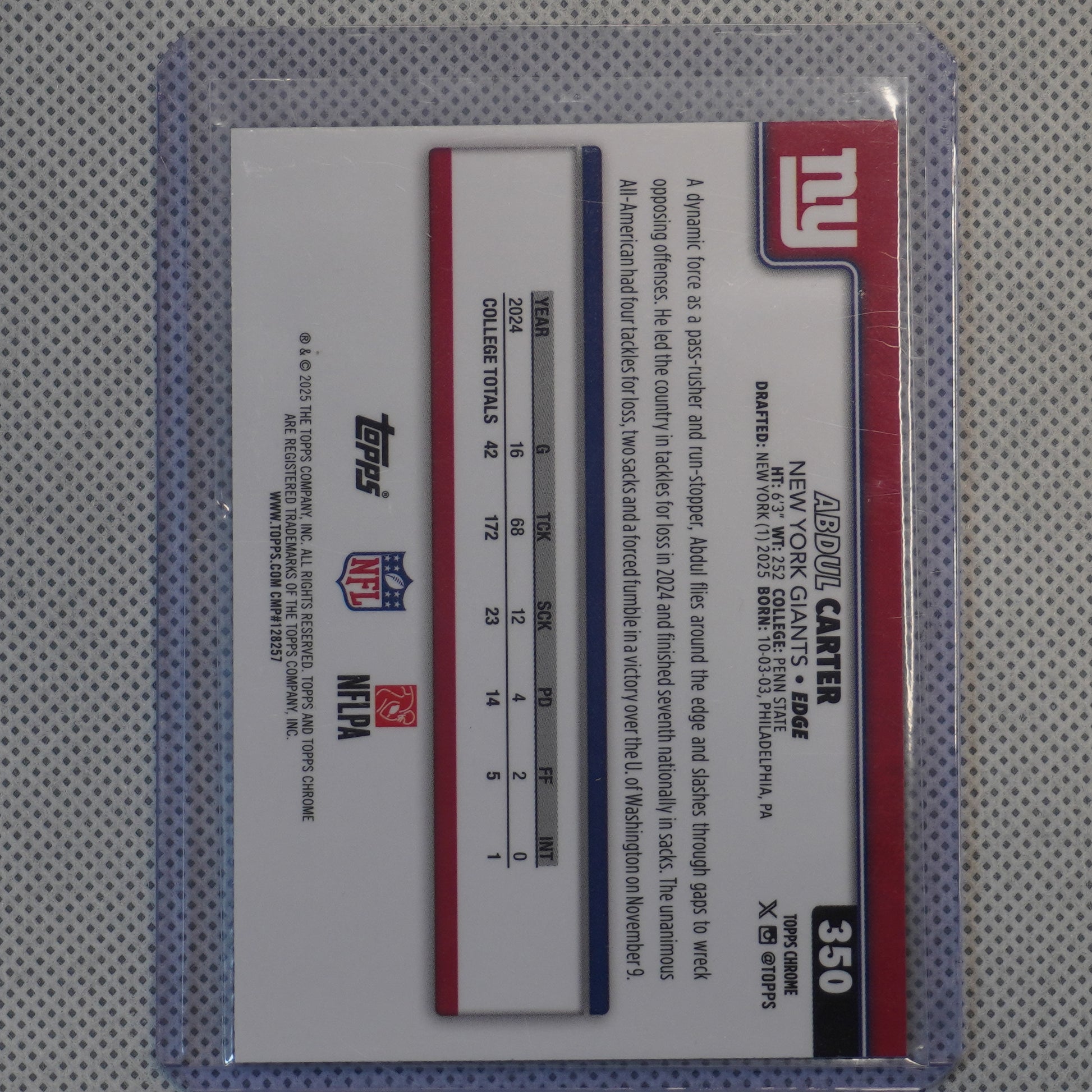 2025 Topps Chrome #350 Abdul Carter Ray Wave Refractor New York Giants RC
