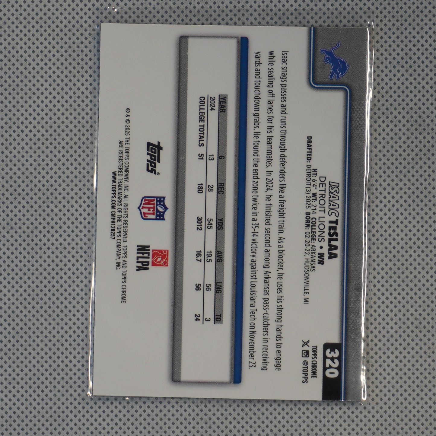 2025 Topps Chrome #320 Isaac TeSlaa Detroit Lions RC