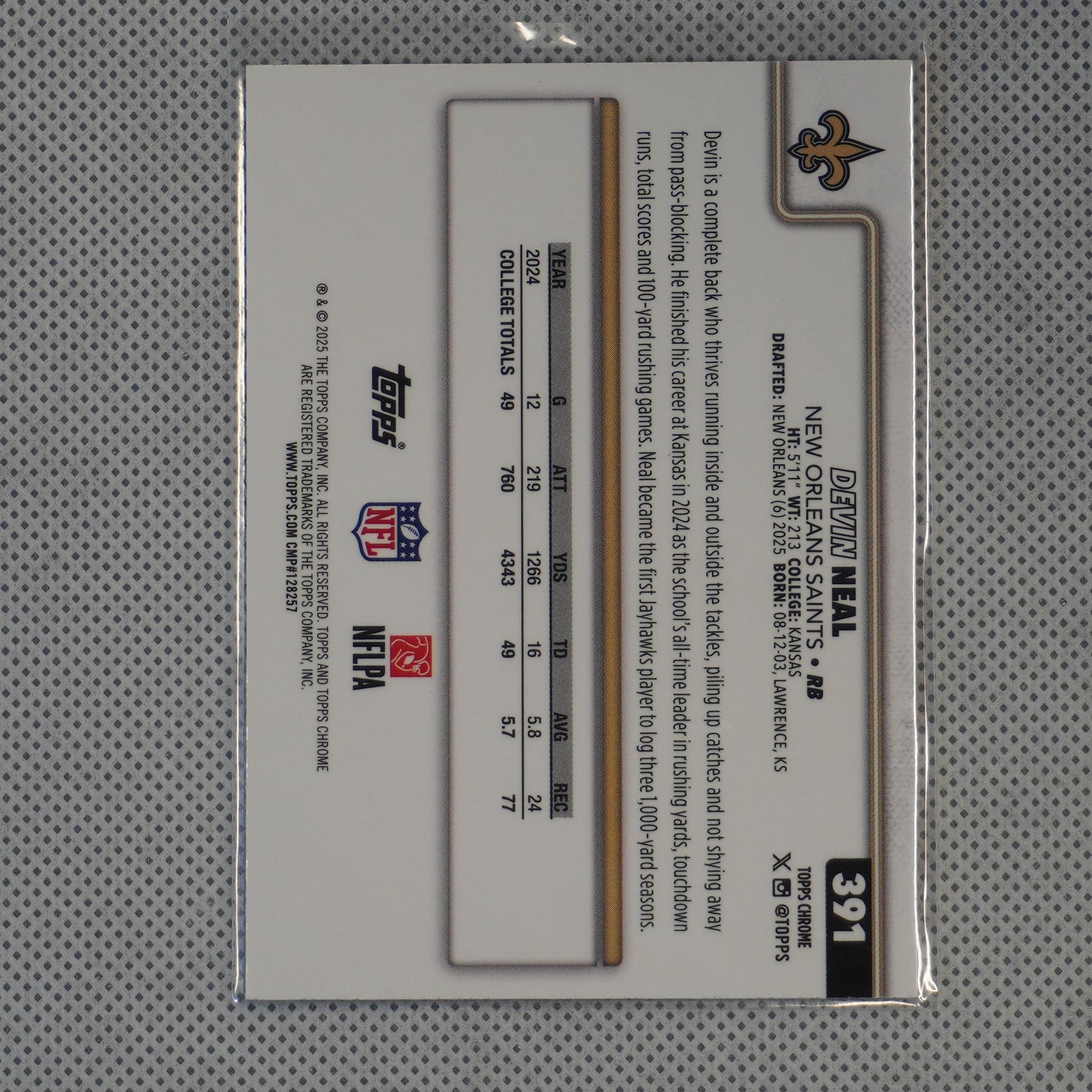 2025 Topps Chrome #391 Devin Neal New Orleans Saints RC