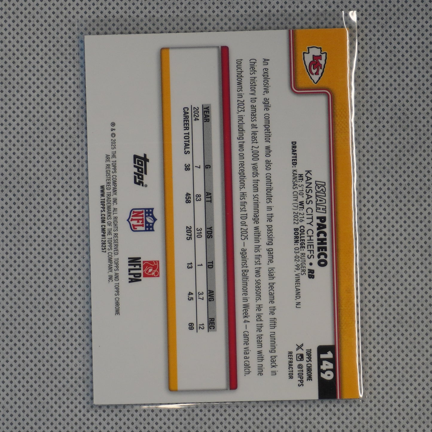 2025 Topps Chrome #149 Isiah Pacheco Refractor Kansas City Chiefs