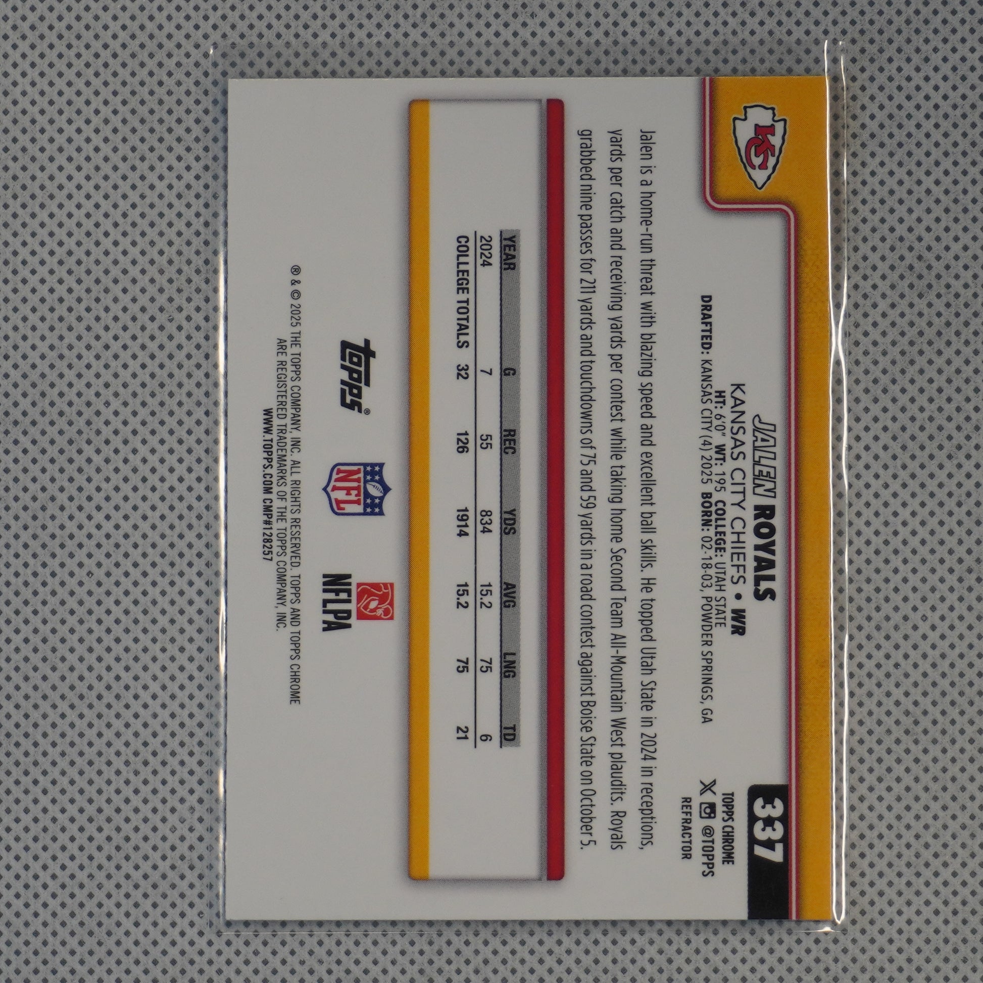 2025 Topps Chrome #337 Jalen Royals Refractor Kansas City Chiefs RC