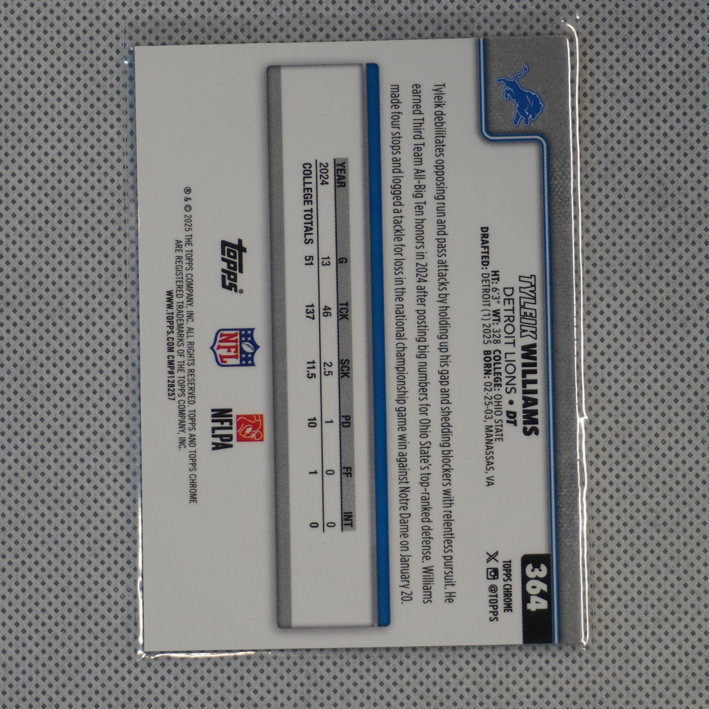 2025 Topps Chrome #364 Tyleik Williams Detroit Lions RC