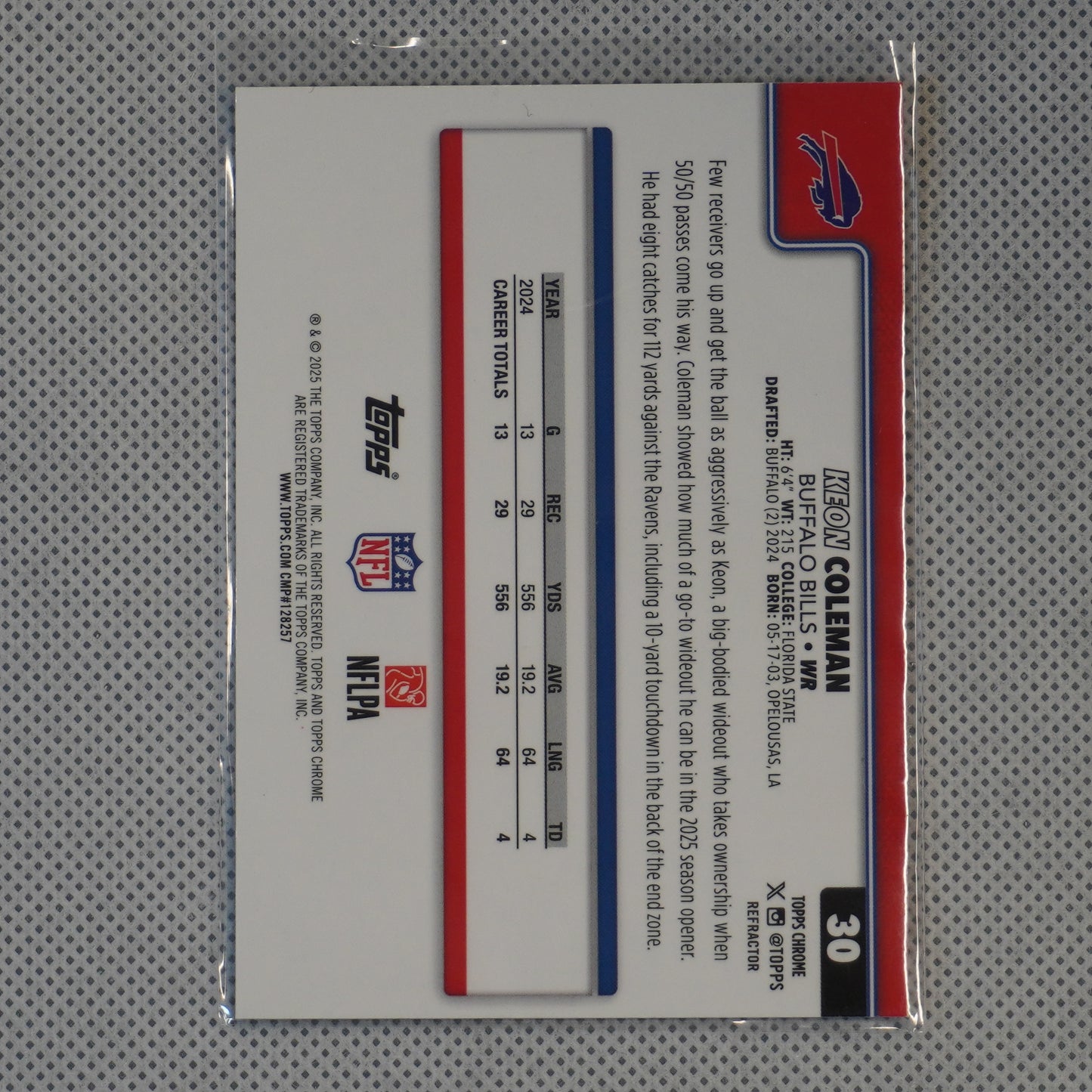 2025 Topps Chrome #30 Keon Coleman Refractor Buffalo Bills