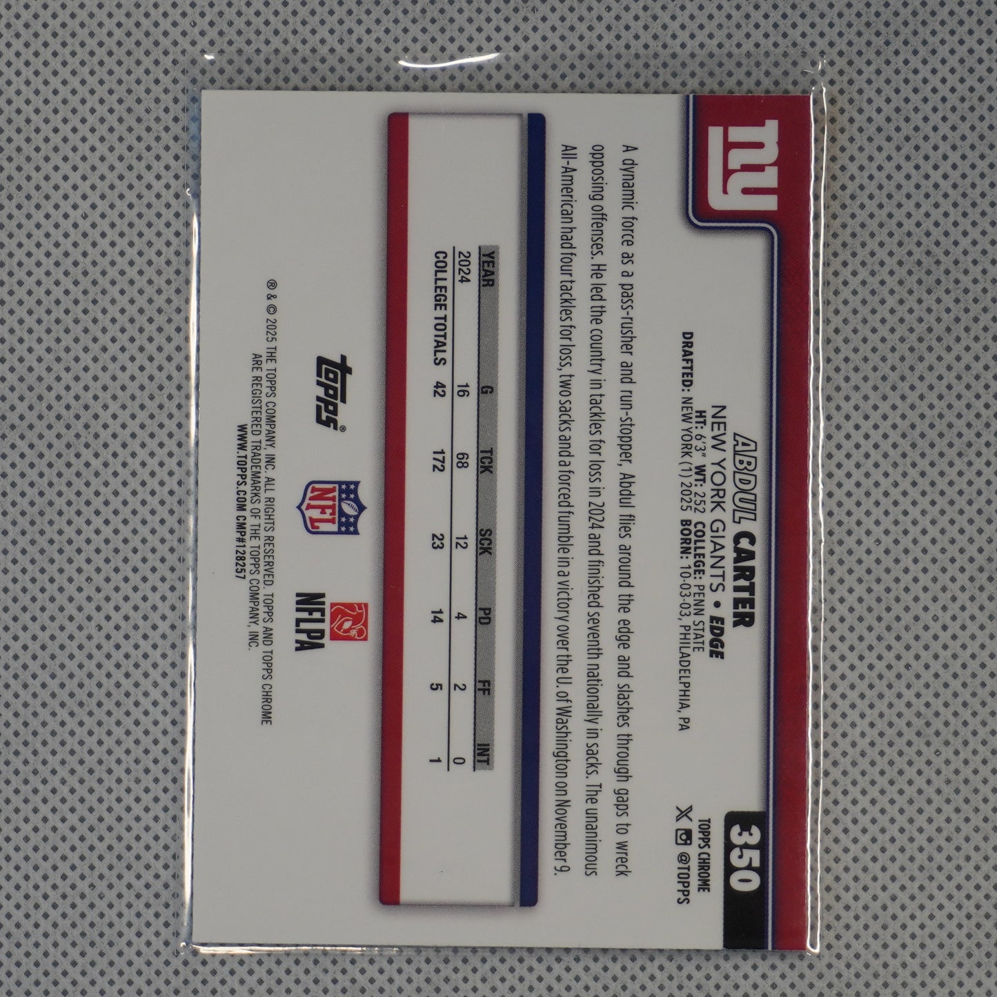 2025 Topps Chrome #350 Abdul Carter New York Giants RC