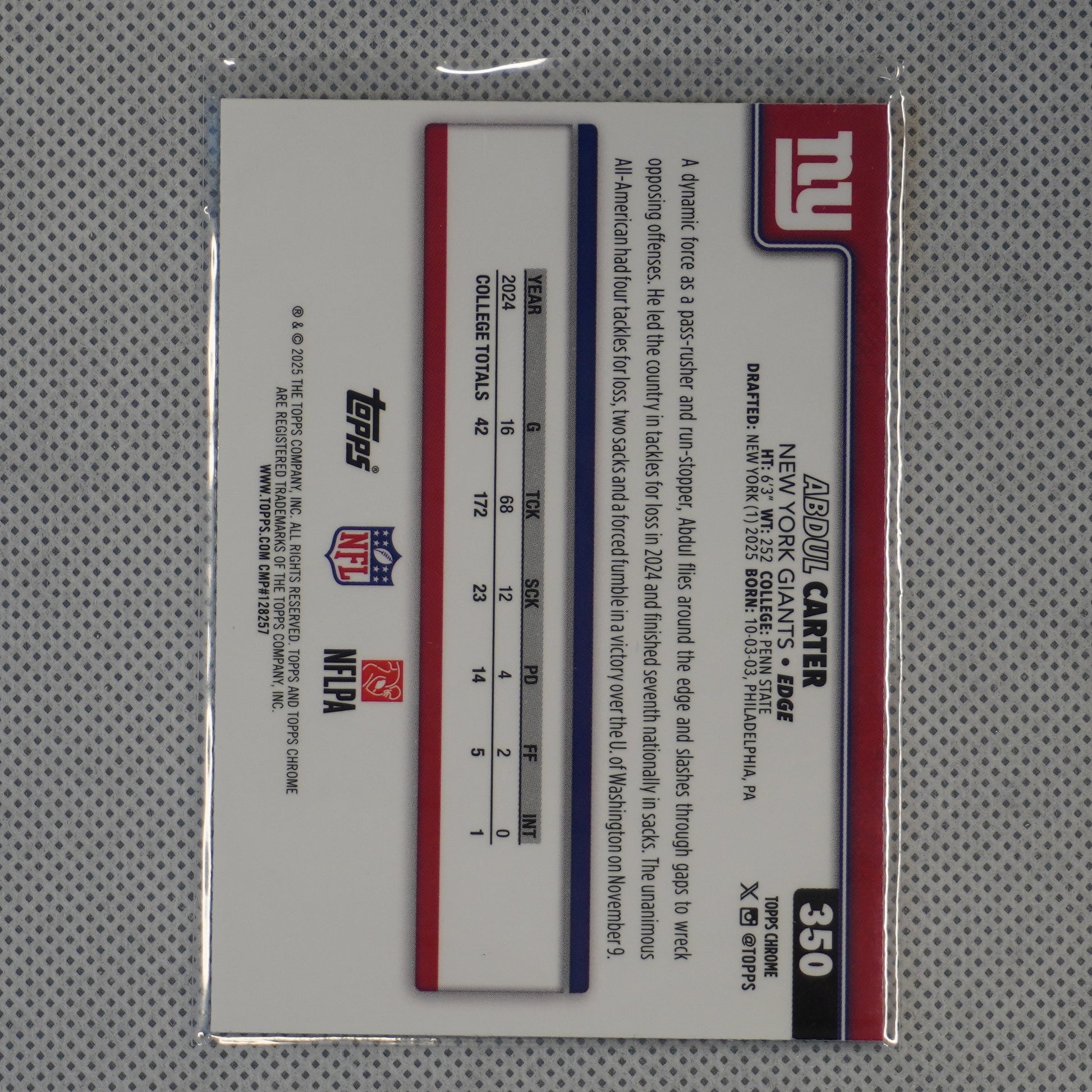 2025 Topps Chrome #350 Abdul Carter New York Giants RC