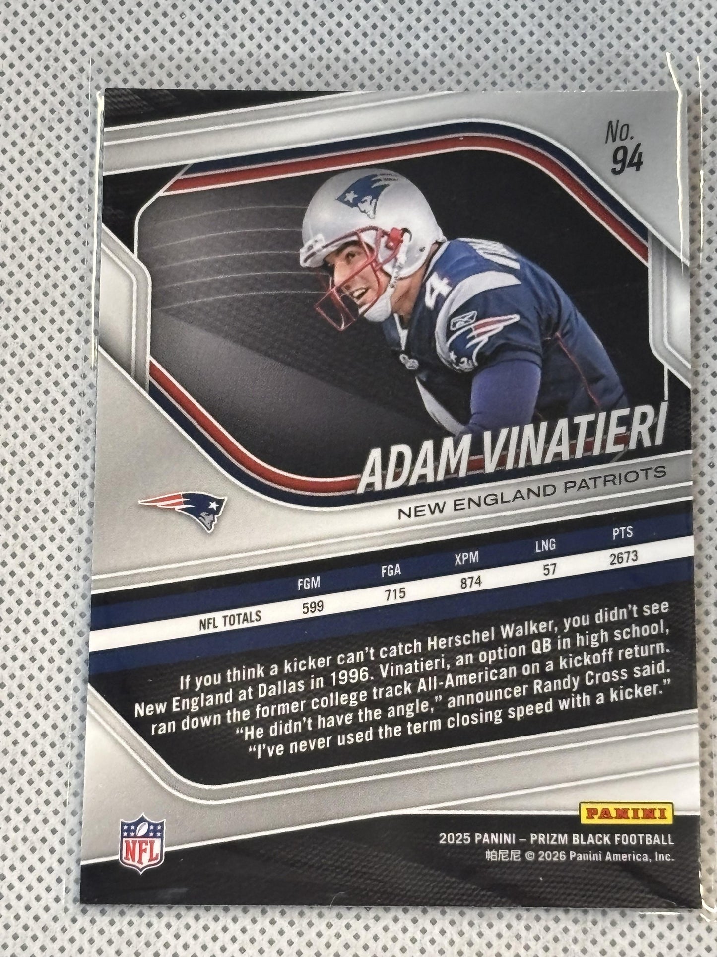 2025 Panini Prizm Black #94 Adam Vinatieri New England Patriots