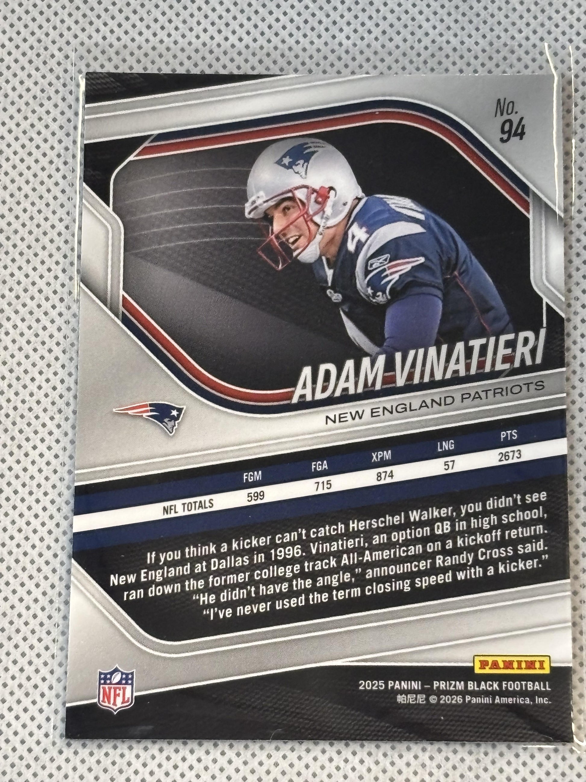 2025 Panini Prizm Black #94 Adam Vinatieri New England Patriots