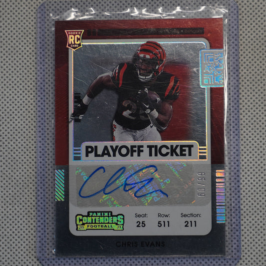 2021 Panini Contenders #237 Chris Evans Playoff Ticket #/99 Cincinnati Bengals SN,RC,AU