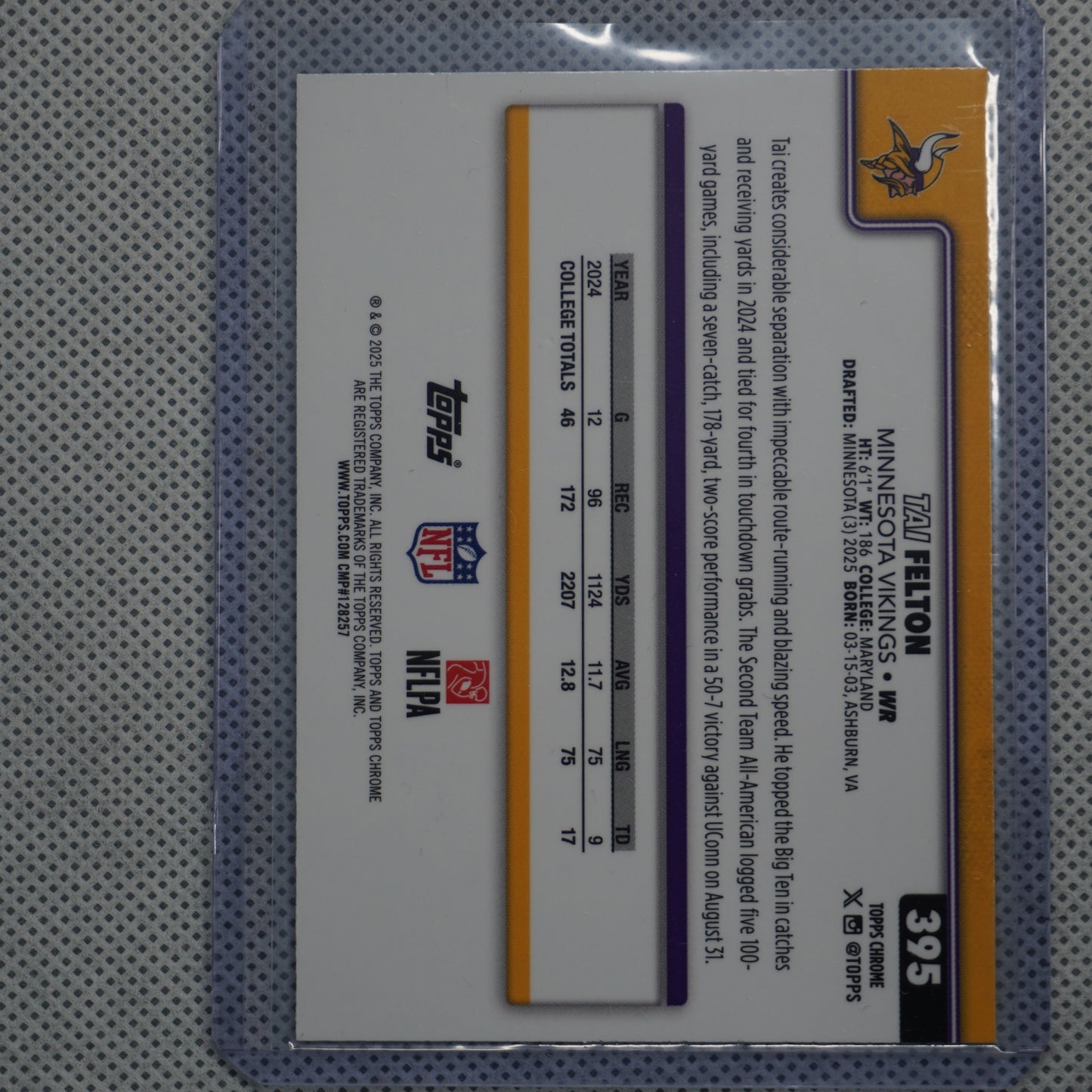 2025 Topps Chrome #395 Tai Felton Pink Wave Refractor #/250 Minnesota Vikings SN,RC