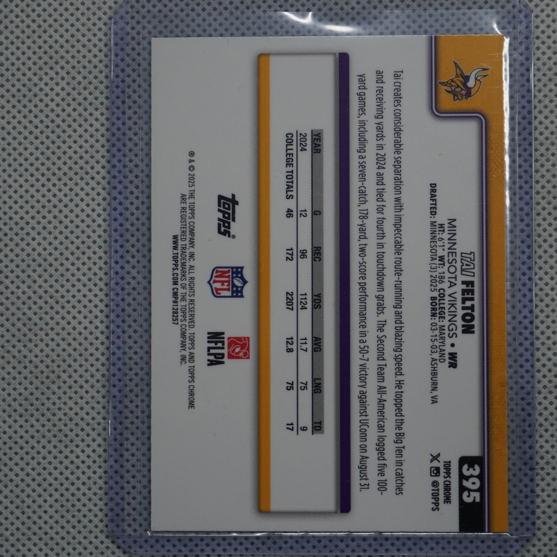 2025 Topps Chrome #395 Tai Felton Pink Wave Refractor #/250 Minnesota Vikings SN,RC