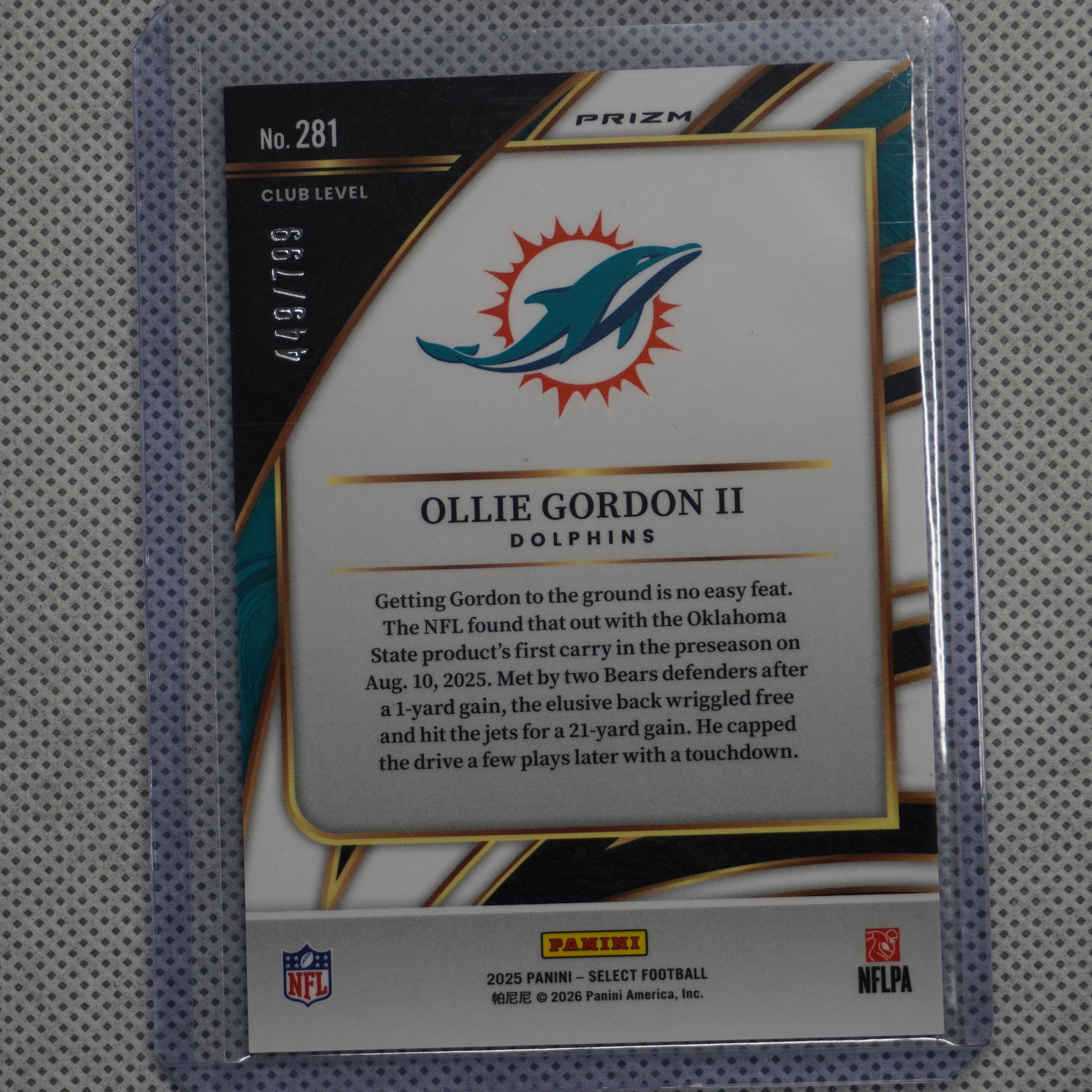2025 Panini Select #281 Ollie Gordon II White Prizm Shock #/799 Miami Dolphins SN