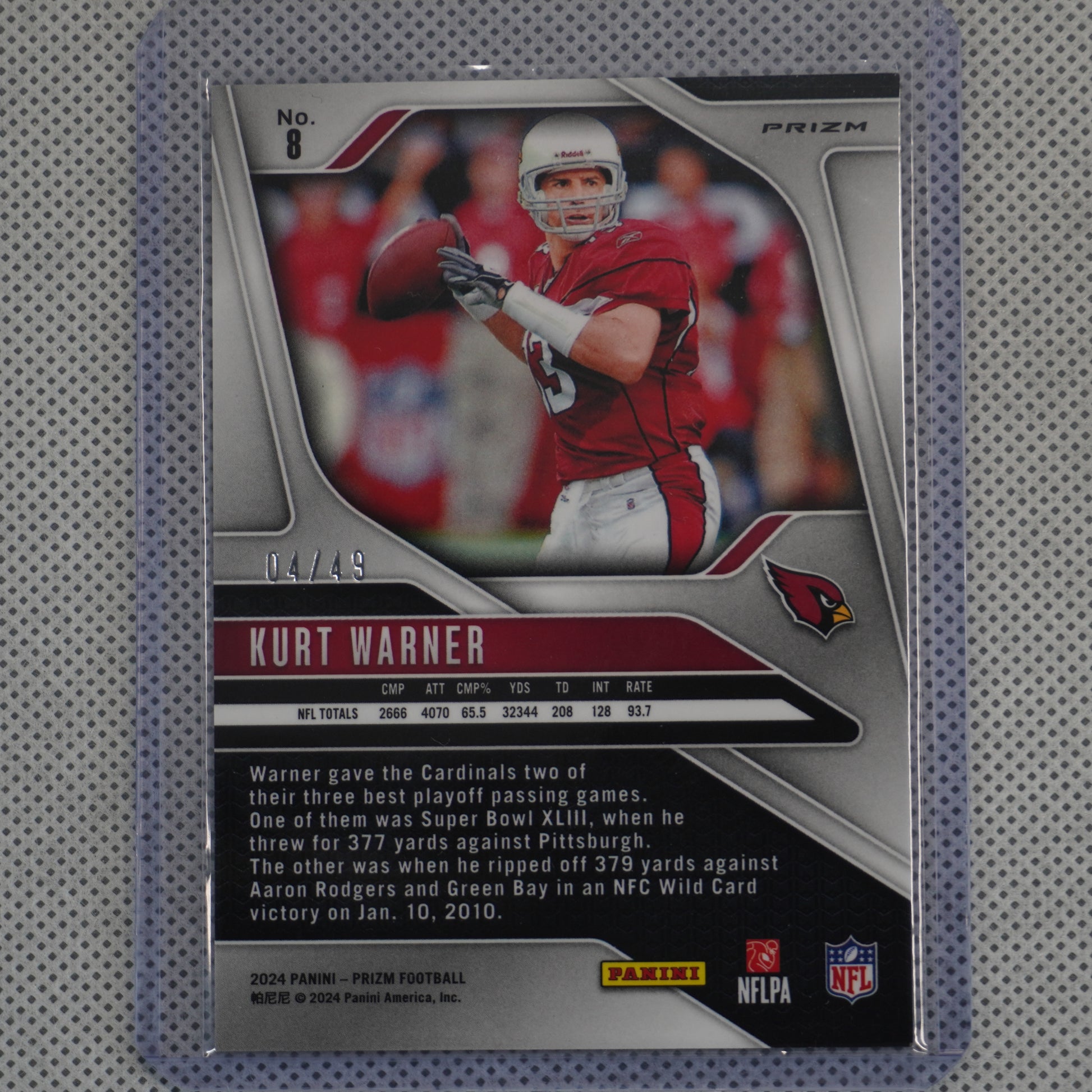 2024 Panini Prizm #8 Kurt Warner Purple Power #/49 Arizona Cardinals SN