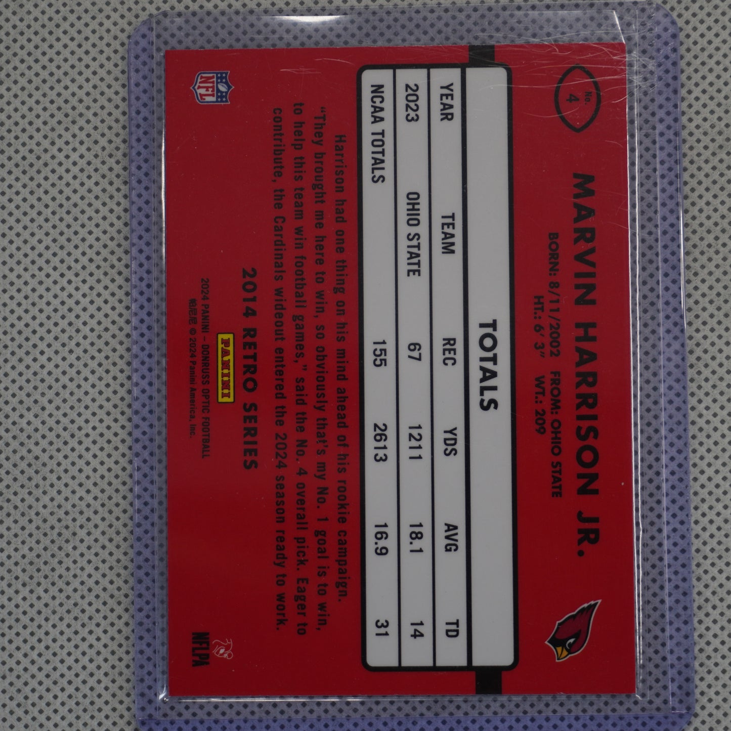 2024 Donruss Optic #4 Marvin Harrison Jr. 2014 Retro Series Arizona Cardinals