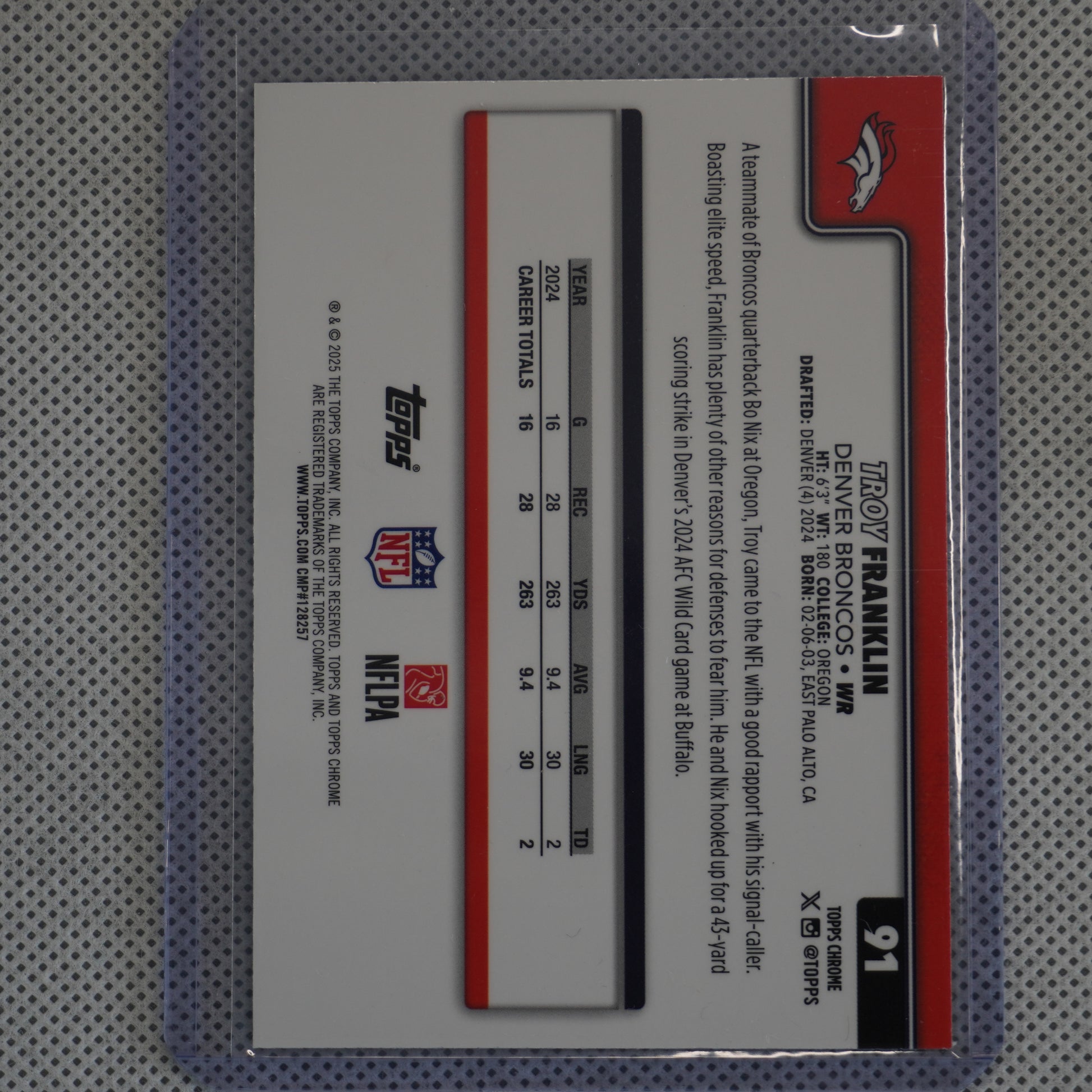 2025 Topps Chrome #91 Troy Franklin Aqua Refractor #/199 Denver Broncos SN