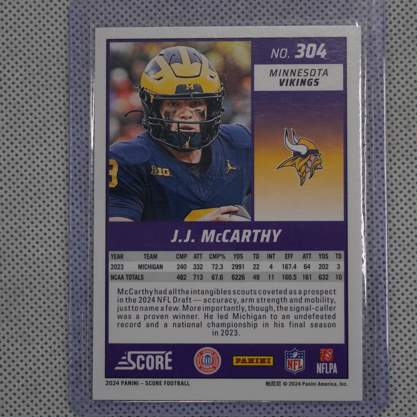2024 Score #304 J.J. McCarthy Minnesota Vikings RC