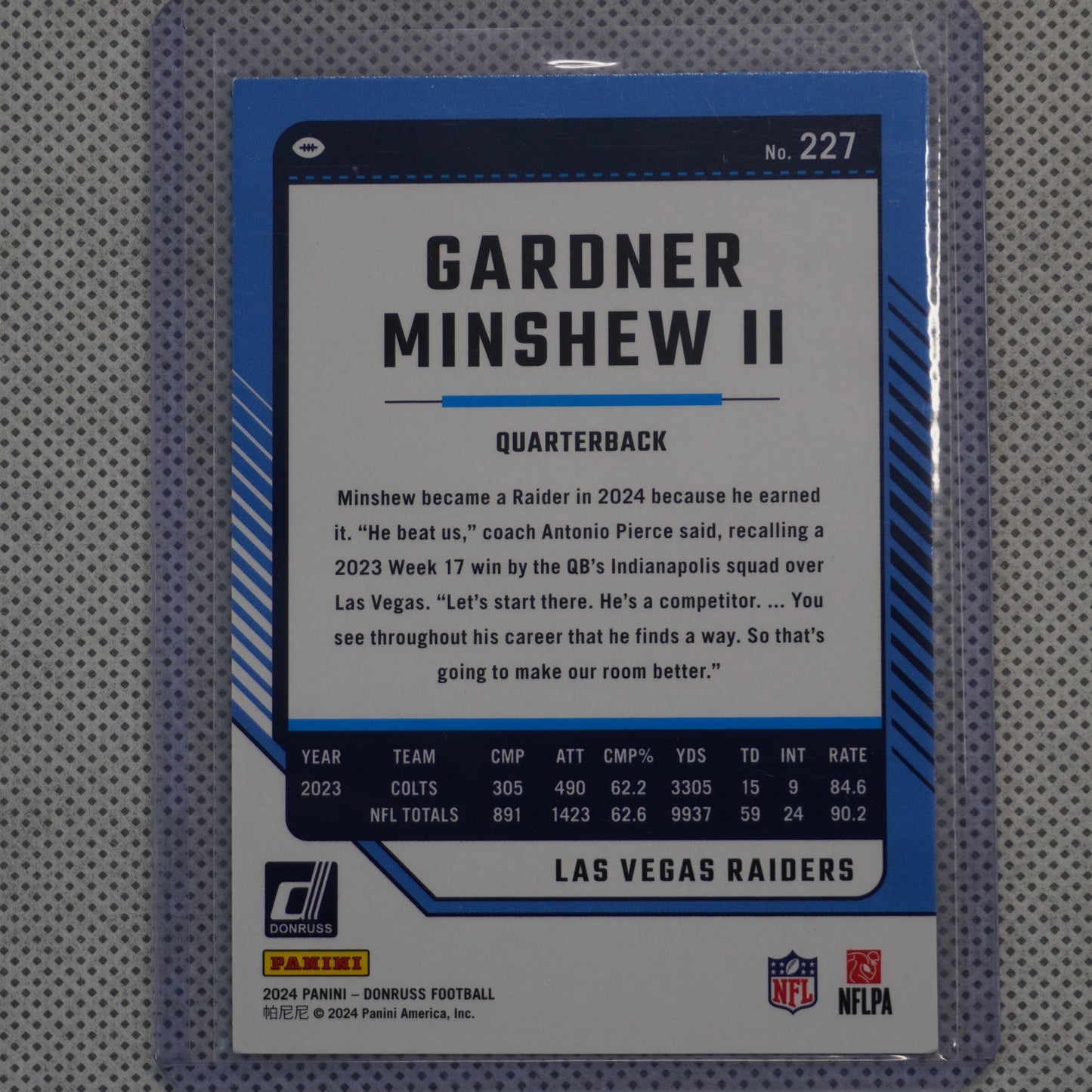 2024 Donruss #227 Gardner Minshew II Press Proof Purple Las Vegas Raiders