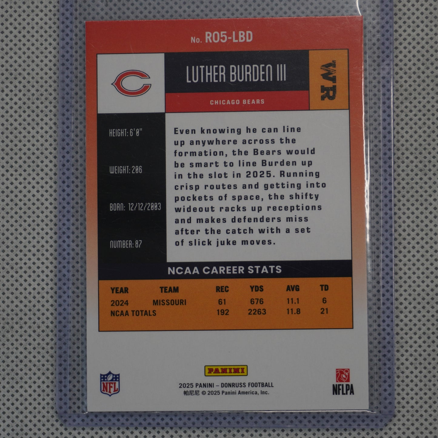 2025 Donruss #R05-LBD Luther Burden III Retro 2005 Chicago Bears