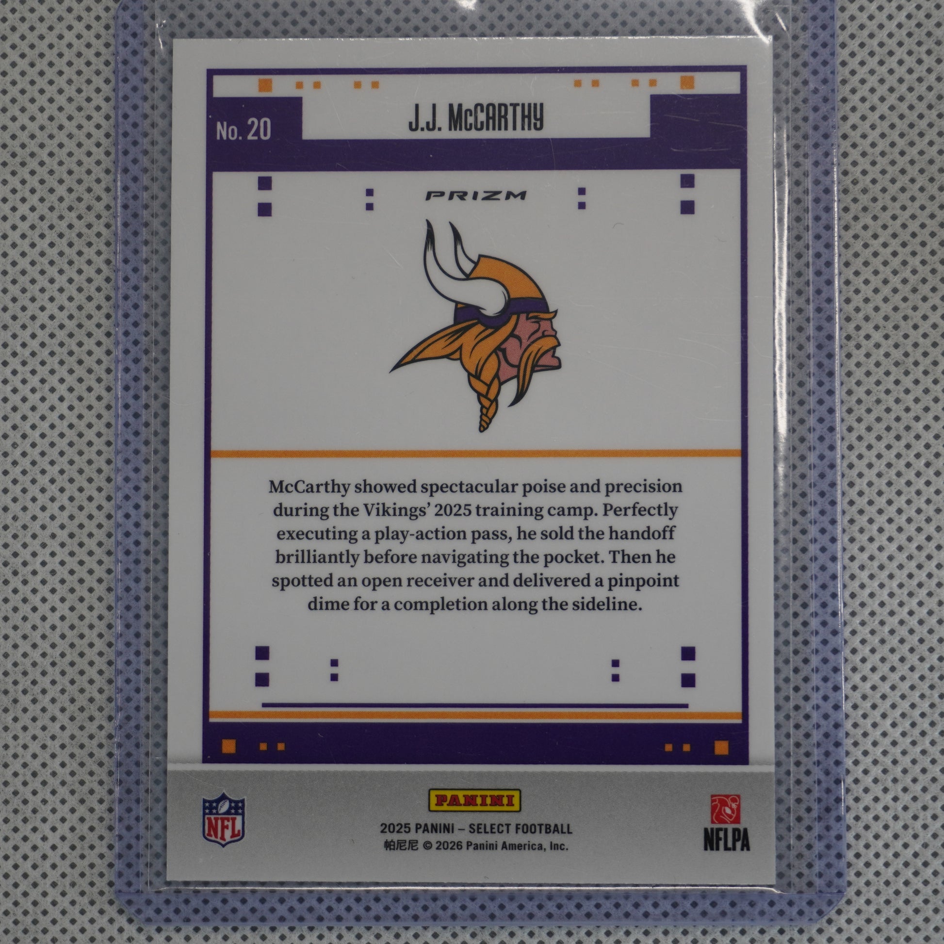 2025 Panini Select #20 J.J. McCarthy Score Select Throwback Minnesota Vikings