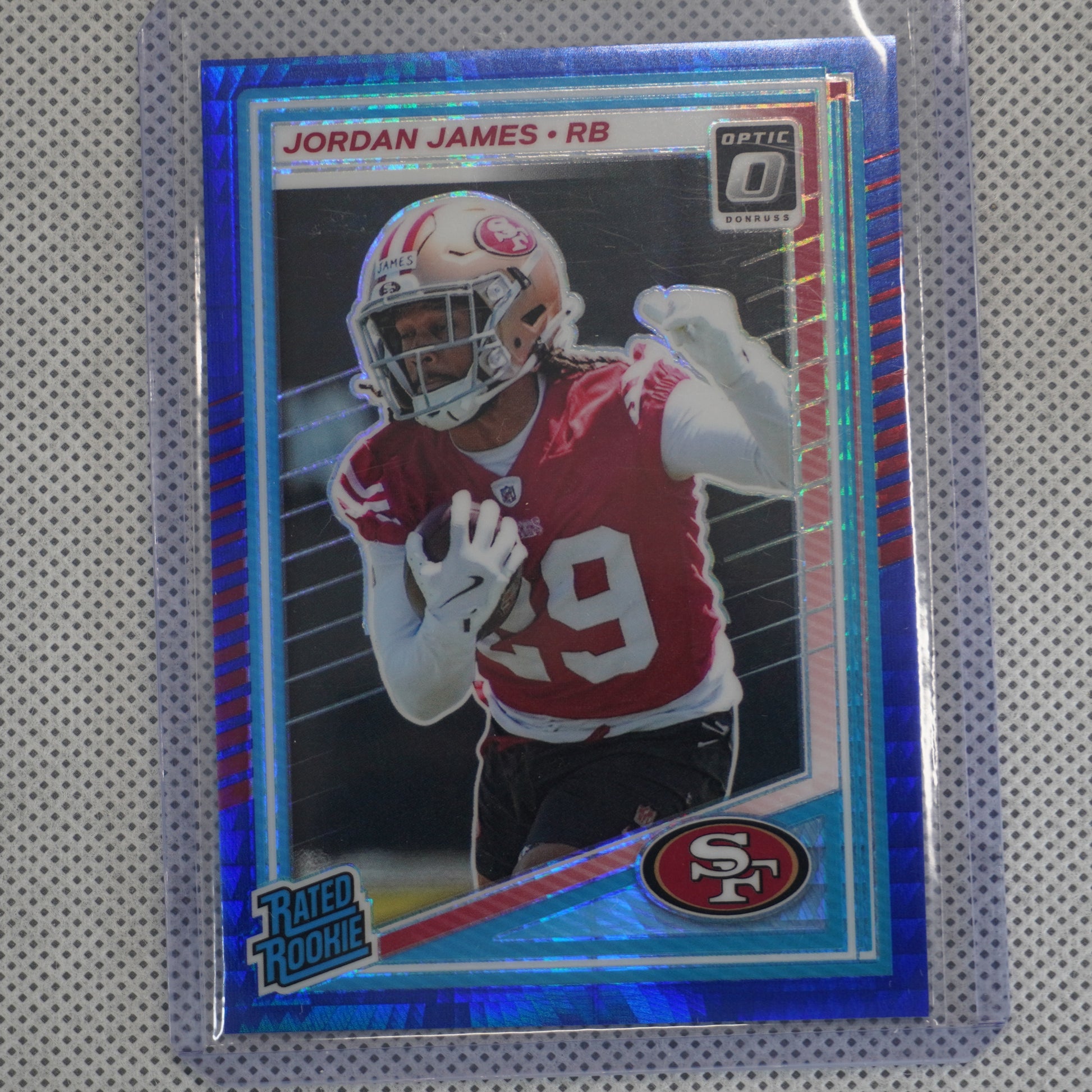 2025 Donruss Optic #278 Jordan James Blue Hyper San Francisco 49ers RC