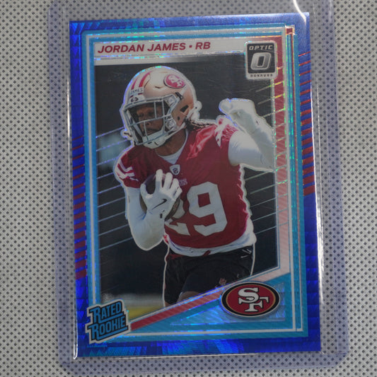 2025 Donruss Optic #278 Jordan James Blue Hyper San Francisco 49ers RC