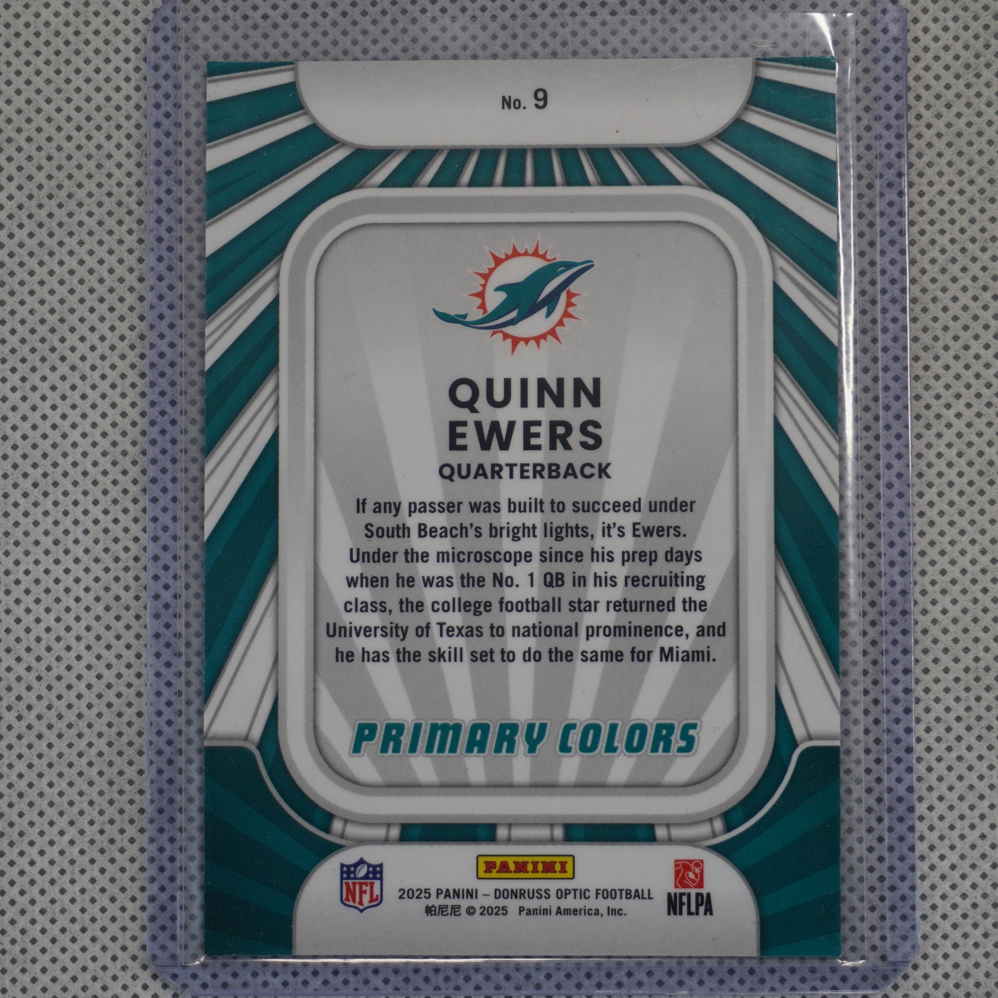 2025 Donruss Optic #9 Quinn Ewers Rookie Primary Colors Miami Dolphins