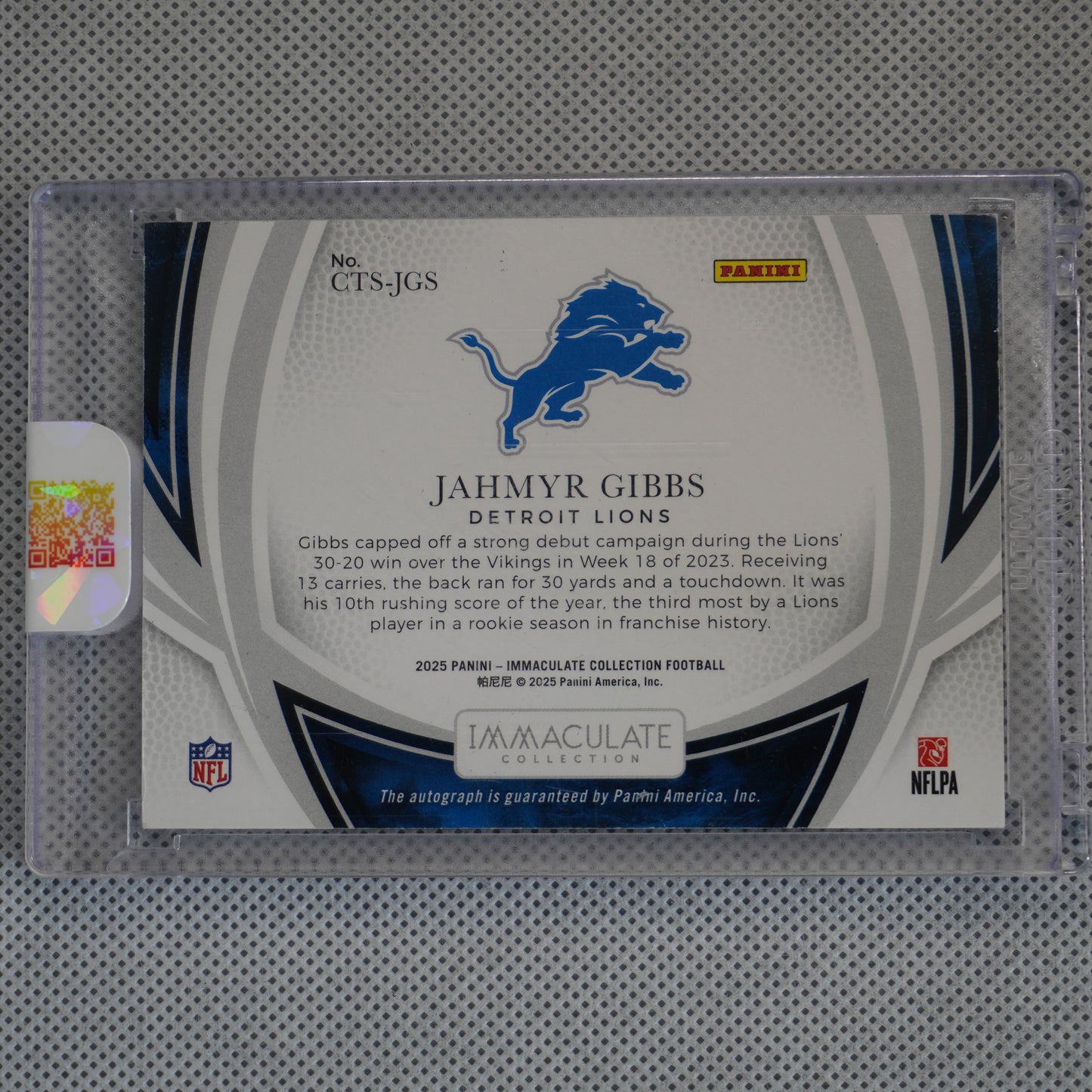 2025 Panini Immaculate Collection - Clutch Time Signatures #CTS-JGS Jahmyr Gibbs #/99 Detroit Lions SN,AU