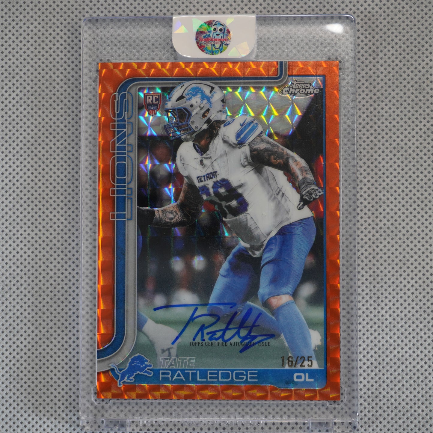 2025 Topps Chrome #RA-TR Tate Ratledge Chrome Rookie Autographs Orange Geometric Refractor #/25 Detroit Lions SN,AU