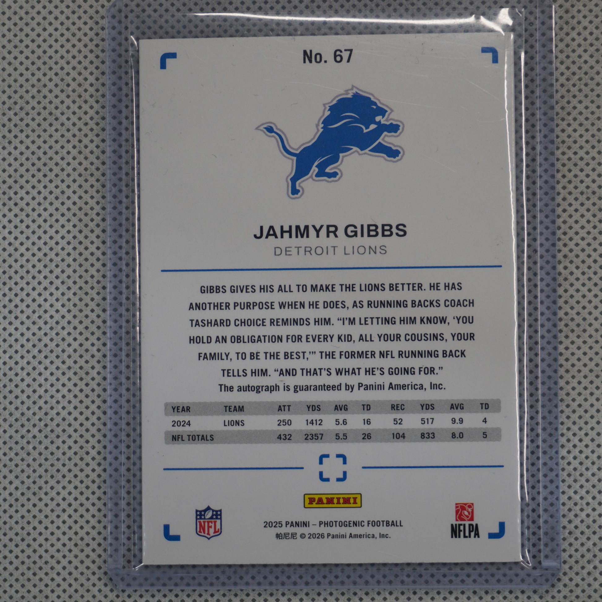 2025 Panini Photogenic #67 Jahmyr Gibbs Autographs Bronze Detroit Lions AU