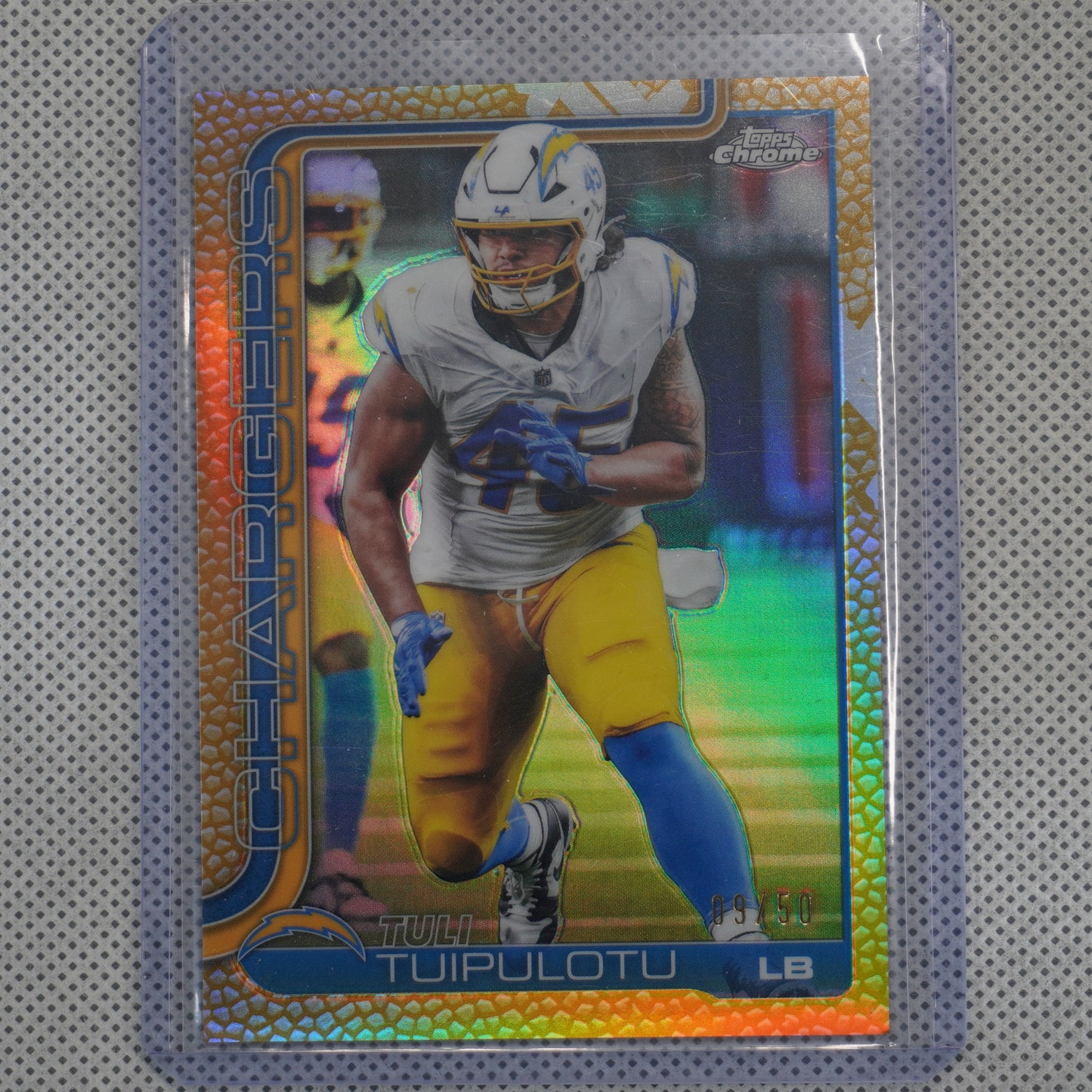 2025 Topps Chrome #163 Tuli Tuipulotu Football Leather Gold #/50 Los Angeles Chargers SN