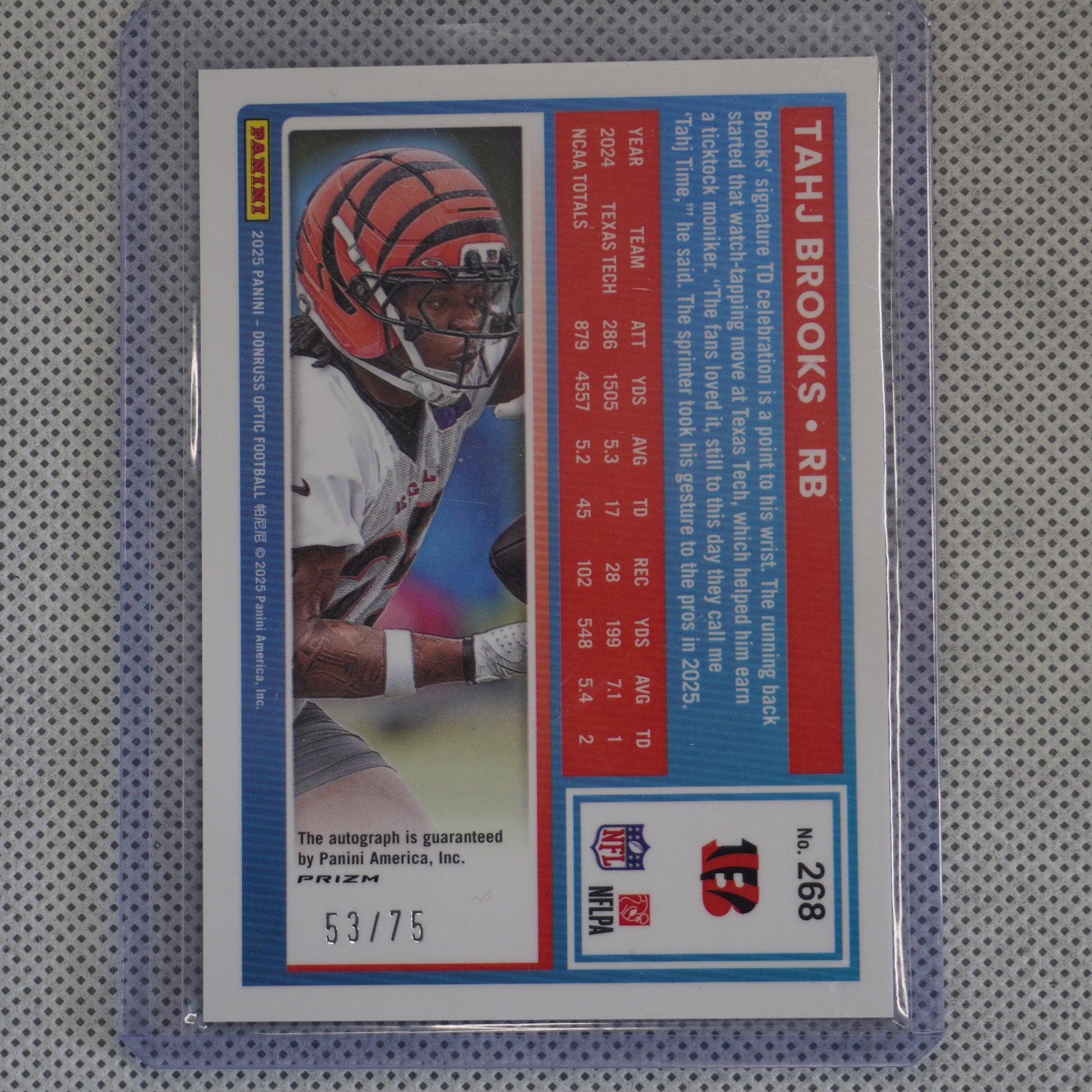 2025 Donruss Optic #268 Tahj Brooks Rated Rookies Autographs Pink Velocity #/75 Cincinnati Bengals SN,RC,AU