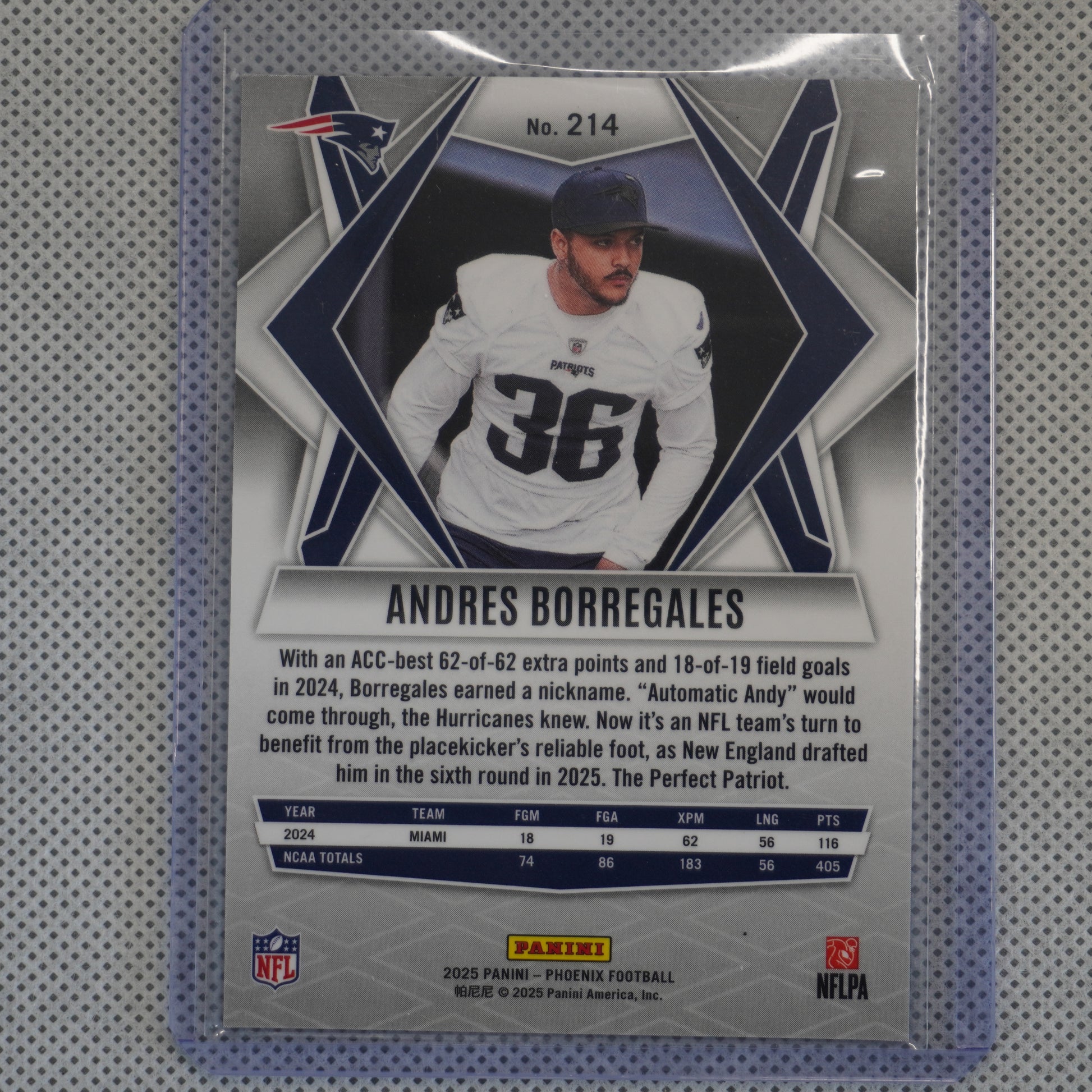 2025 Panini Phoenix #214 Andres Borregales New England Patriots RC