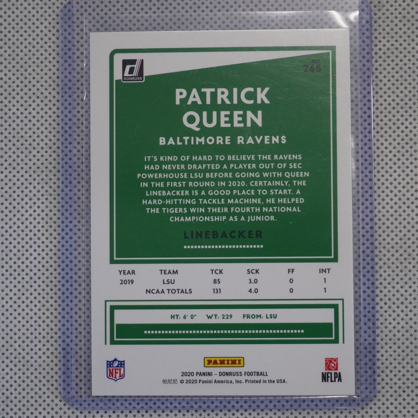 2020 Donruss #268 Patrick Queen Baltimore Ravens RC