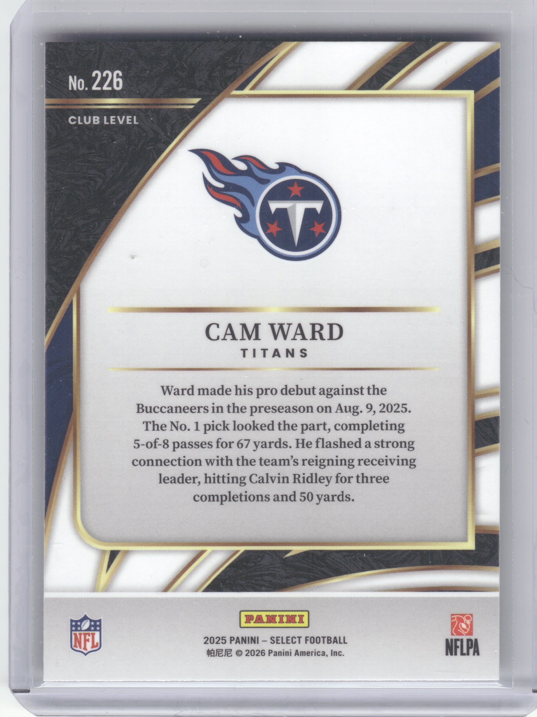 2025 Panini Select #226 Cam Ward Tennessee Titans