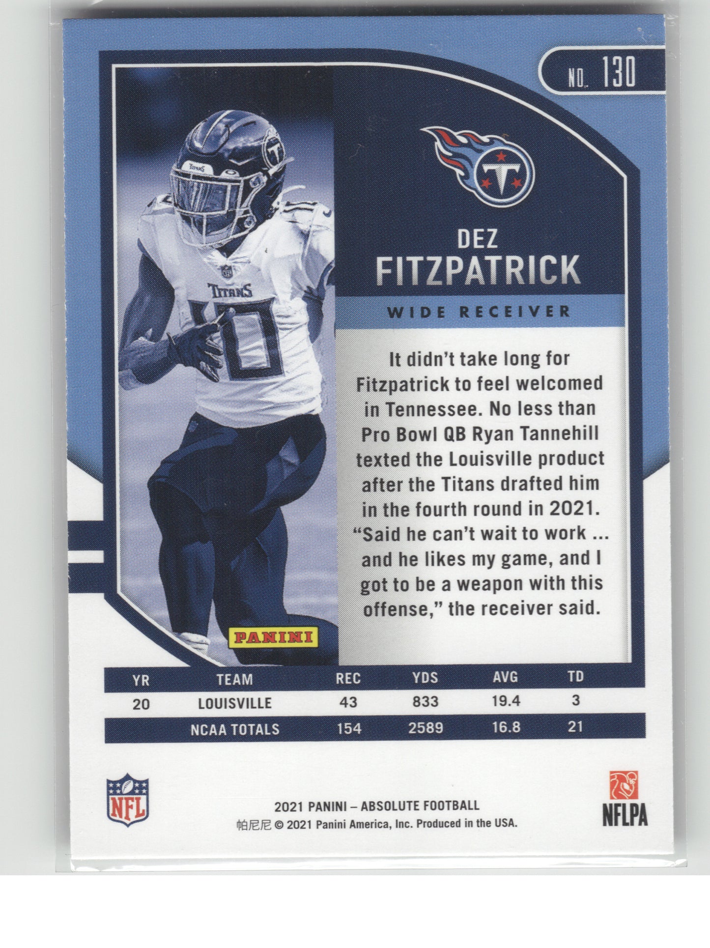 2021 Panini Absolute #130 Dez Fitzpatrick Green Tennessee Titans