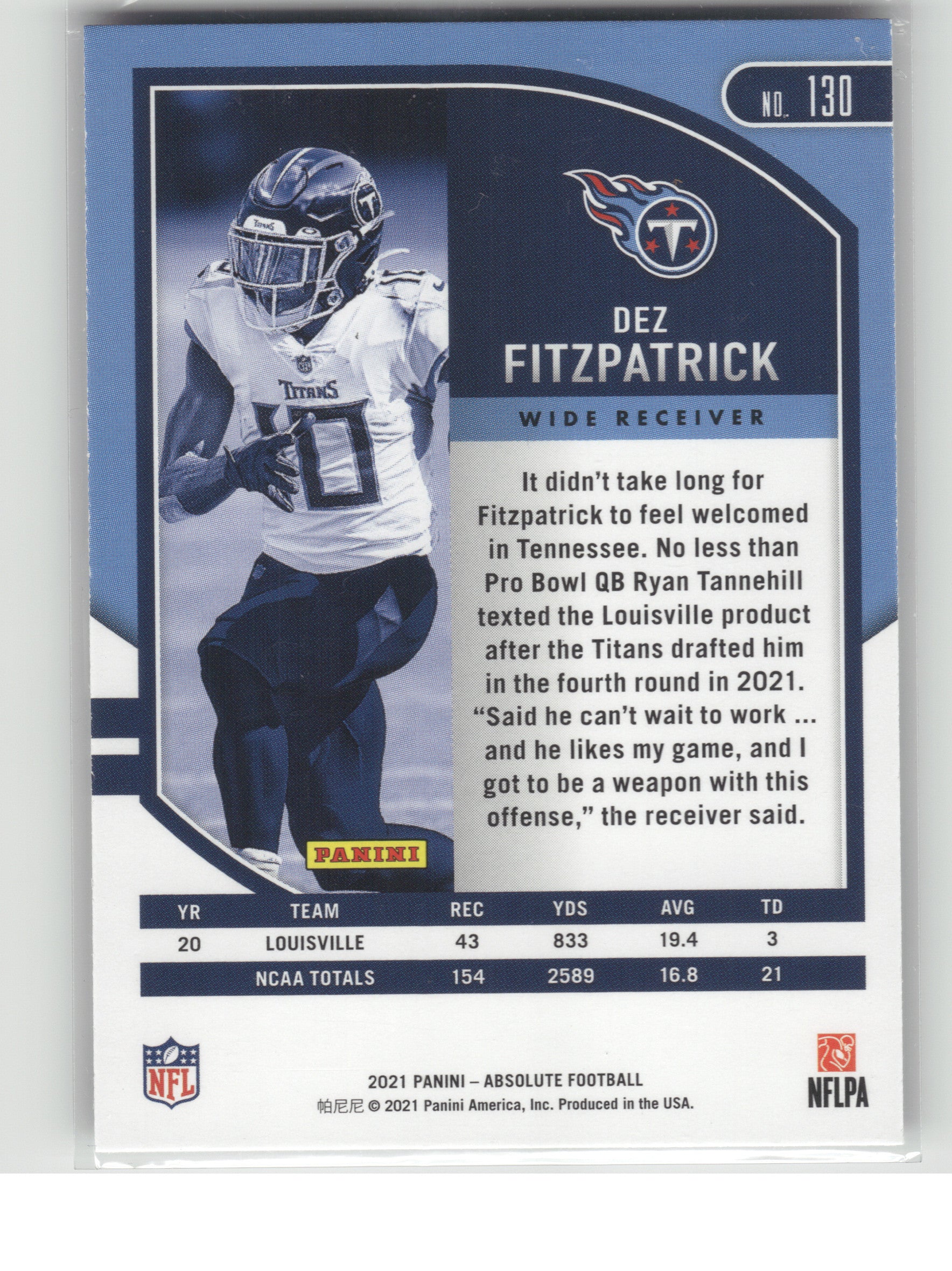 2021 Panini Absolute #130 Dez Fitzpatrick Green Tennessee Titans