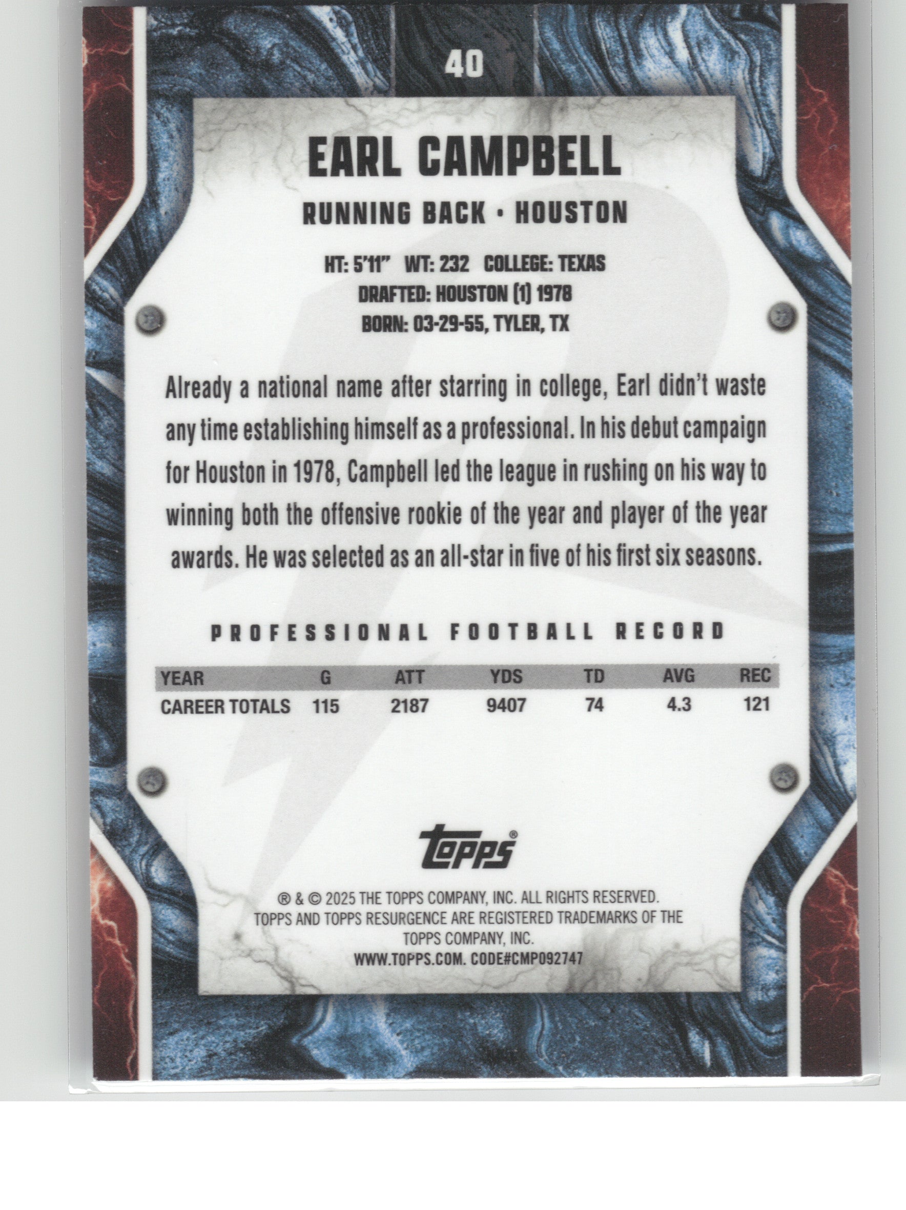 2024 Topps Resurgence #40 Earl Campbell Sky Blue & Pink Shock