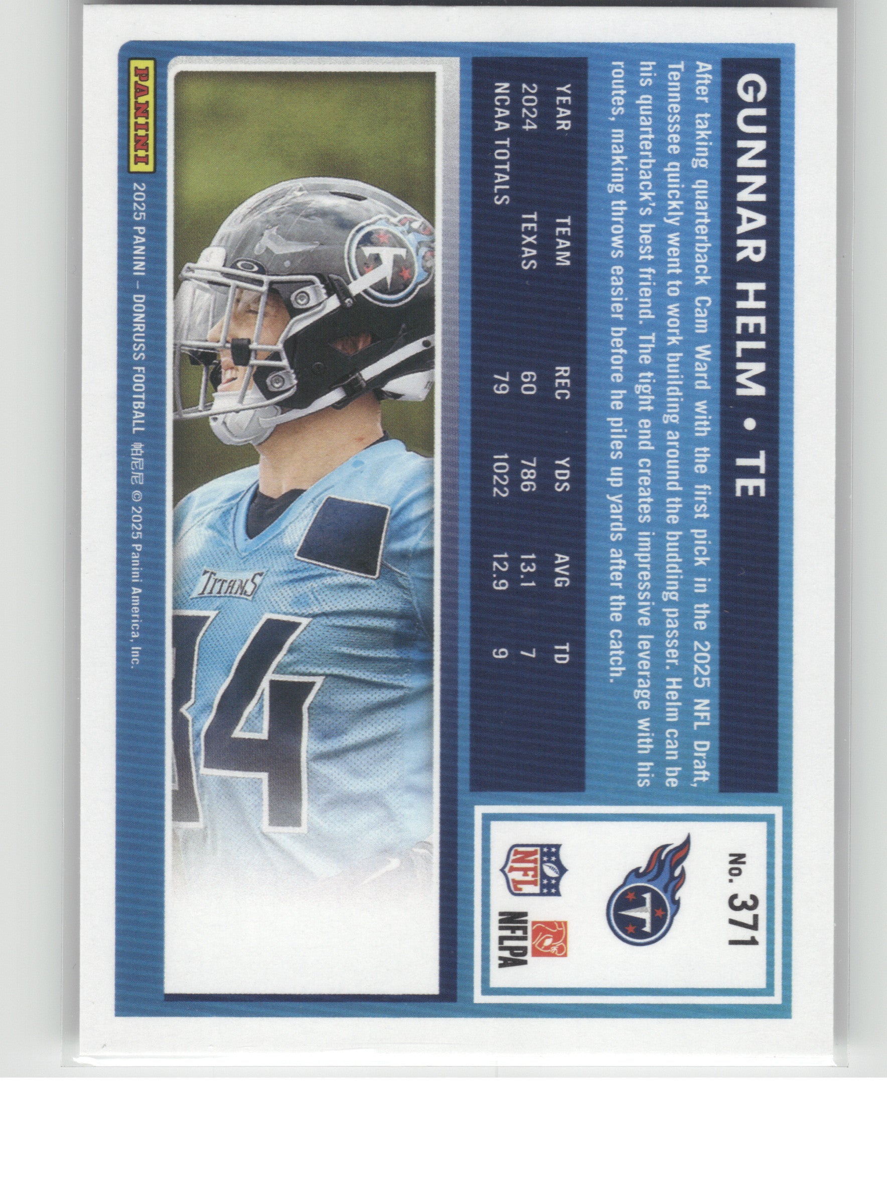 2025 Donruss #371 Gunnar Helm Tennessee Titans RC