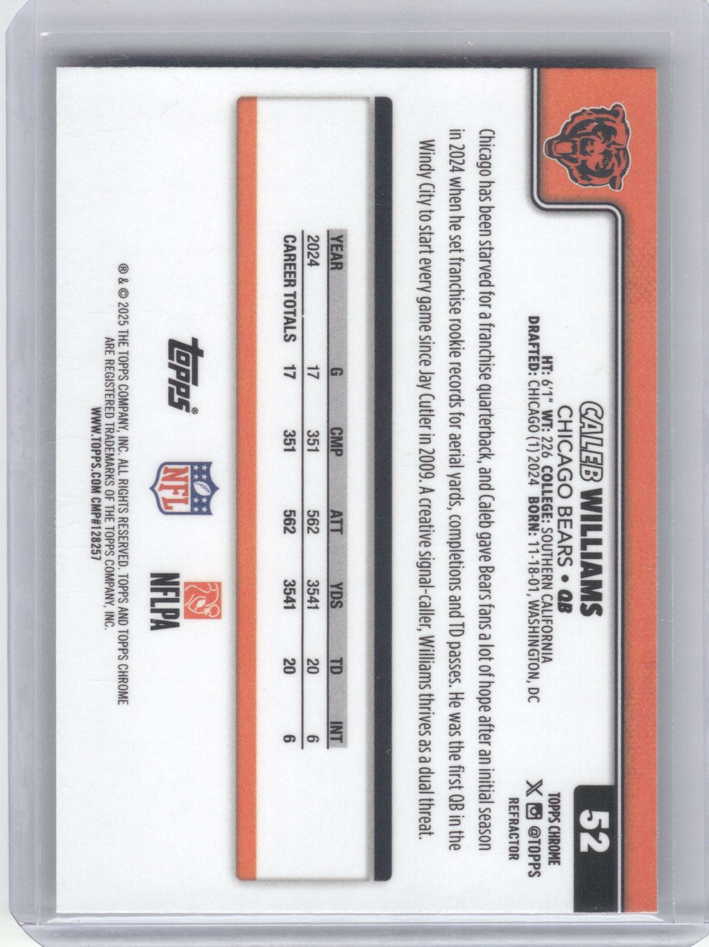 2025 Topps Chrome #52 Caleb Williams Refractor Chicago Bears