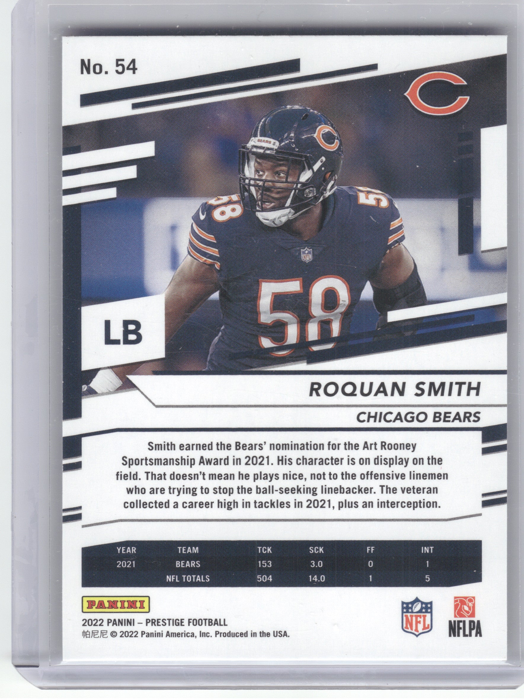 2022 Panini Prestige #54 Roquan Smith Xtra Points Diamond Chicago Bears