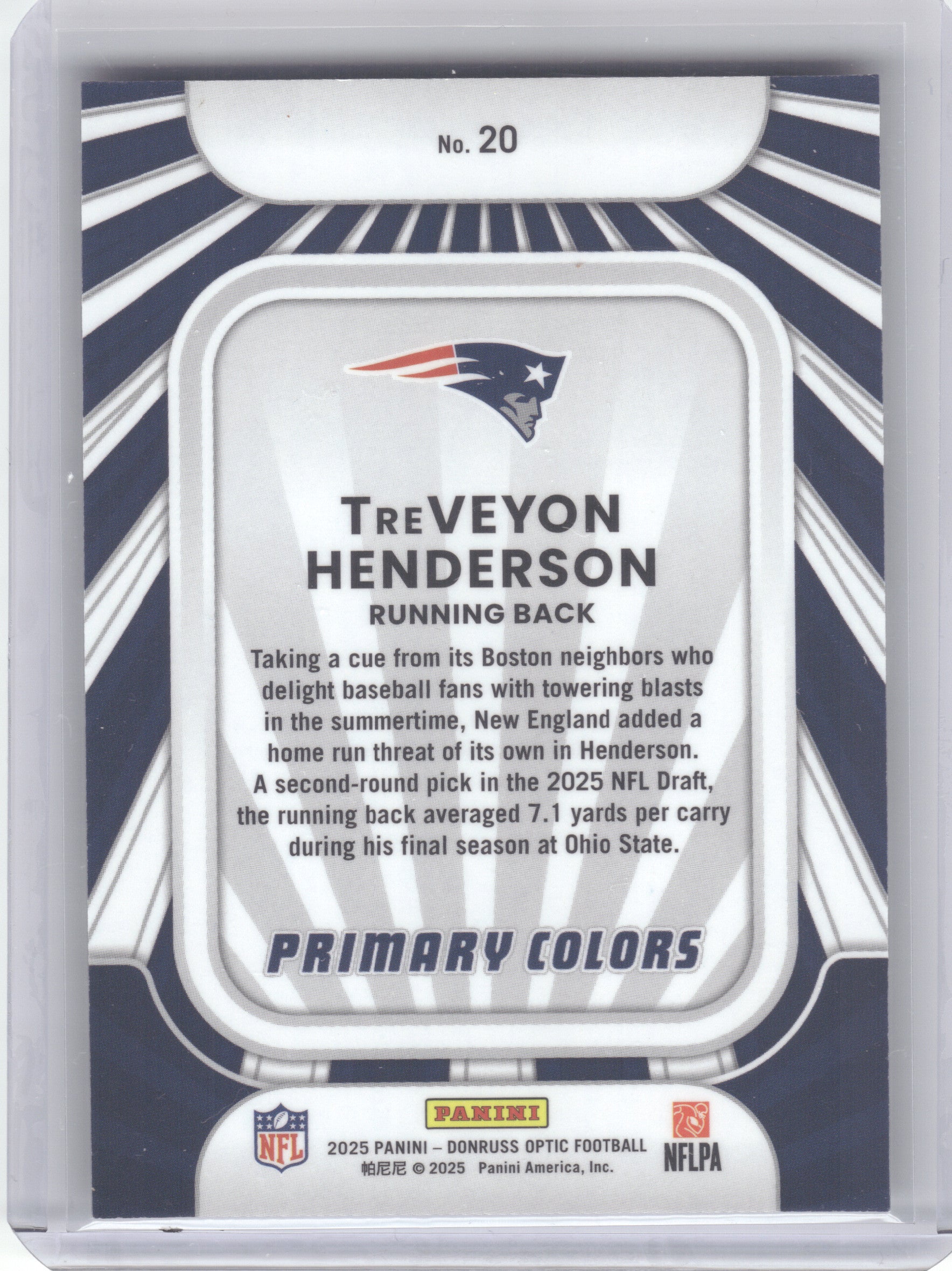 2025 Donruss Optic #20 TreVeyon Henderson Rookie Primary Colors New England Patriots
