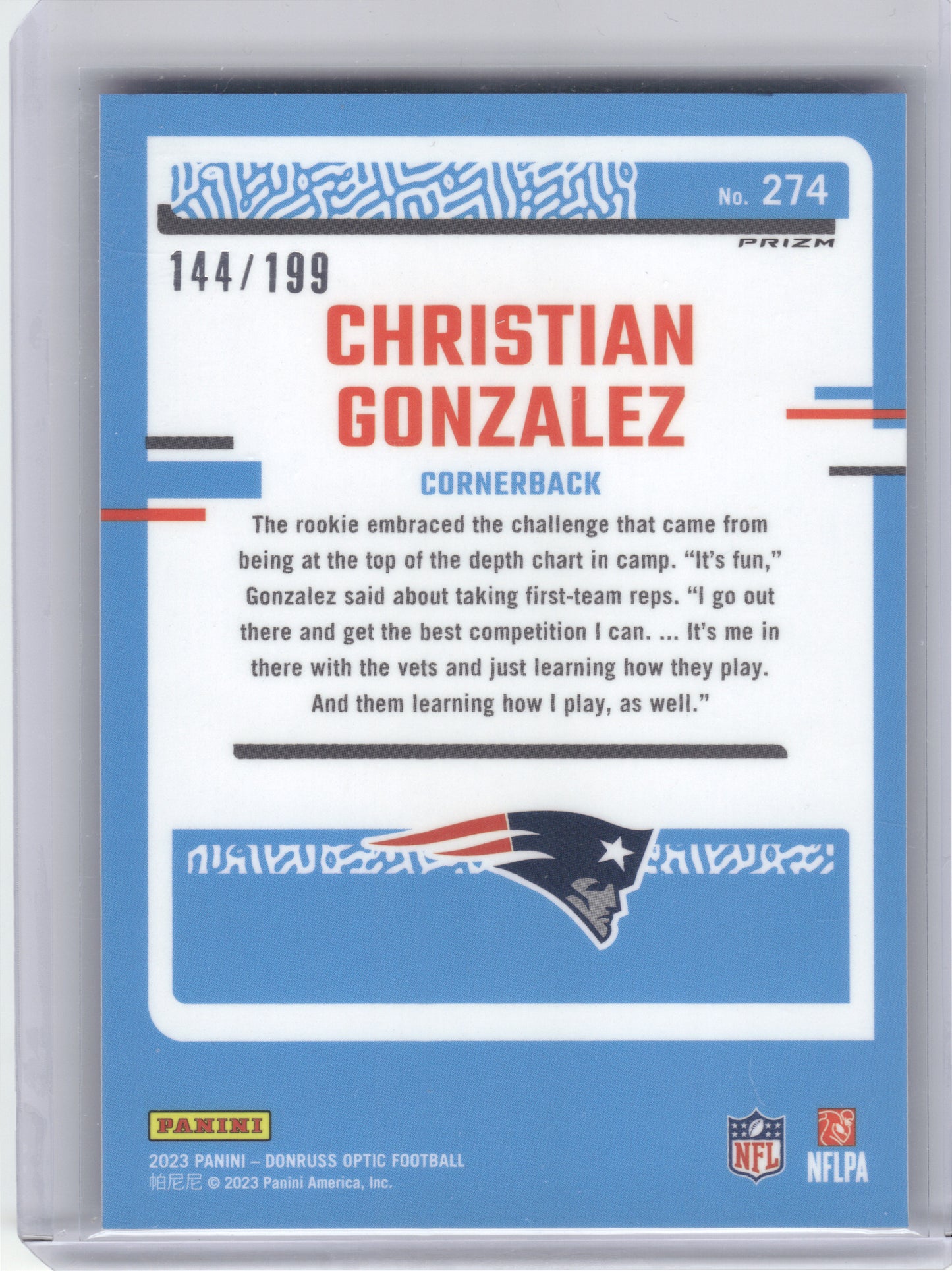 2023 Donruss Optic #274 Christian Gonzalez Blue #/199 New England Patriots SN,RC