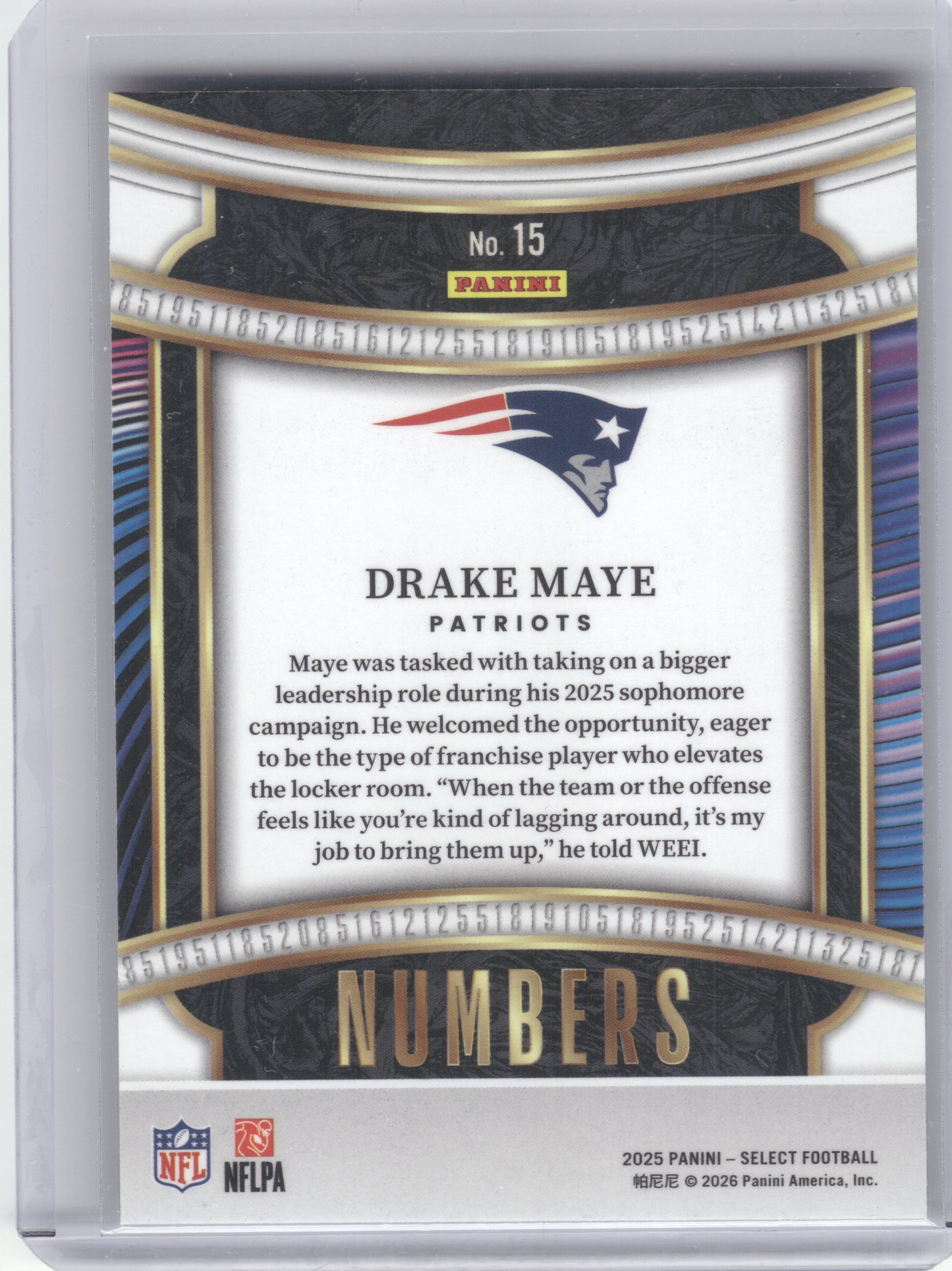 2025 Panini Select #15 Drake Maye Select Numbers New England Patriots