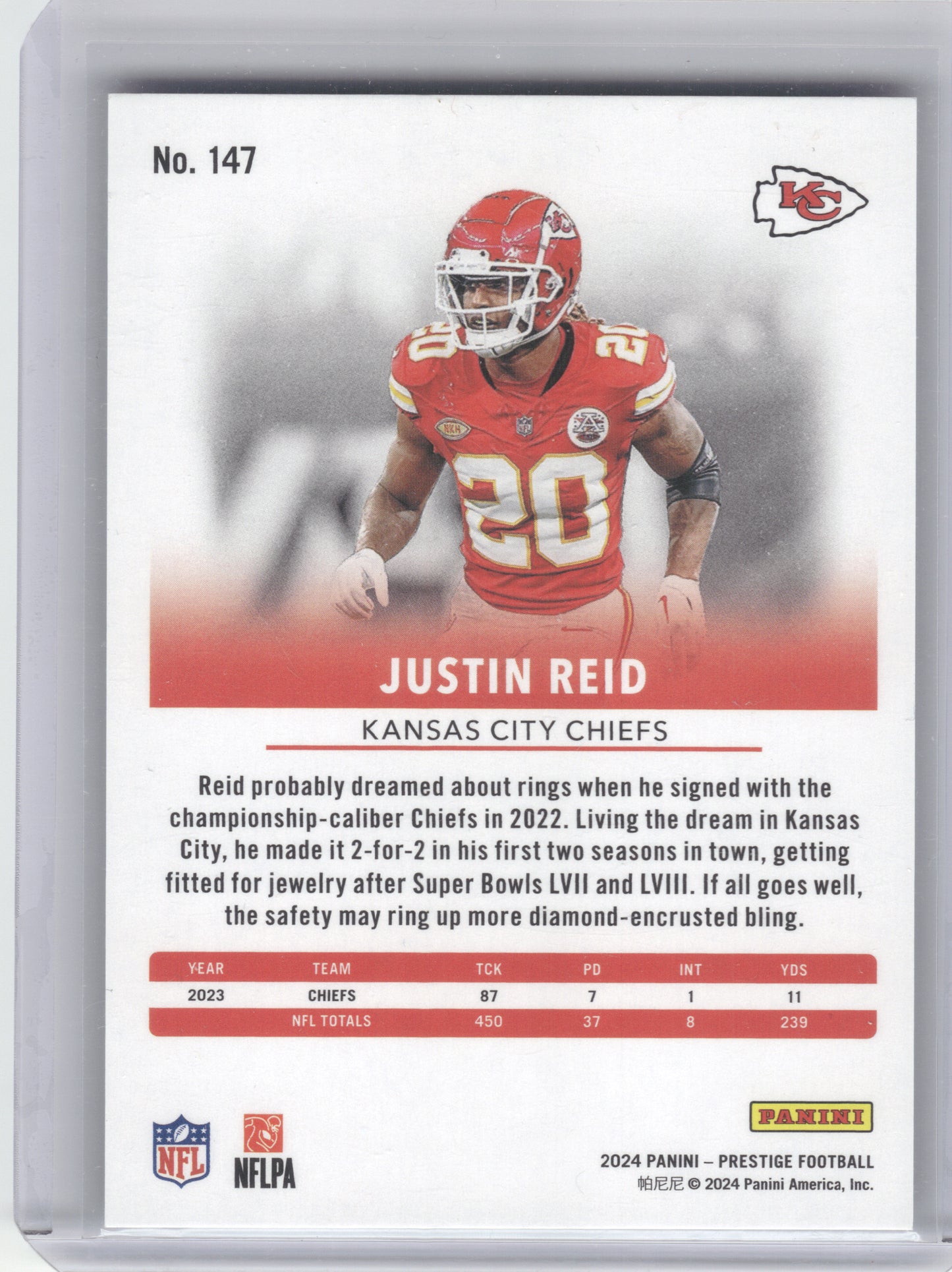 2024 Panini Prestige #147 Justin Reid Green Xtra Points #/299 Kansas City Chiefs SN