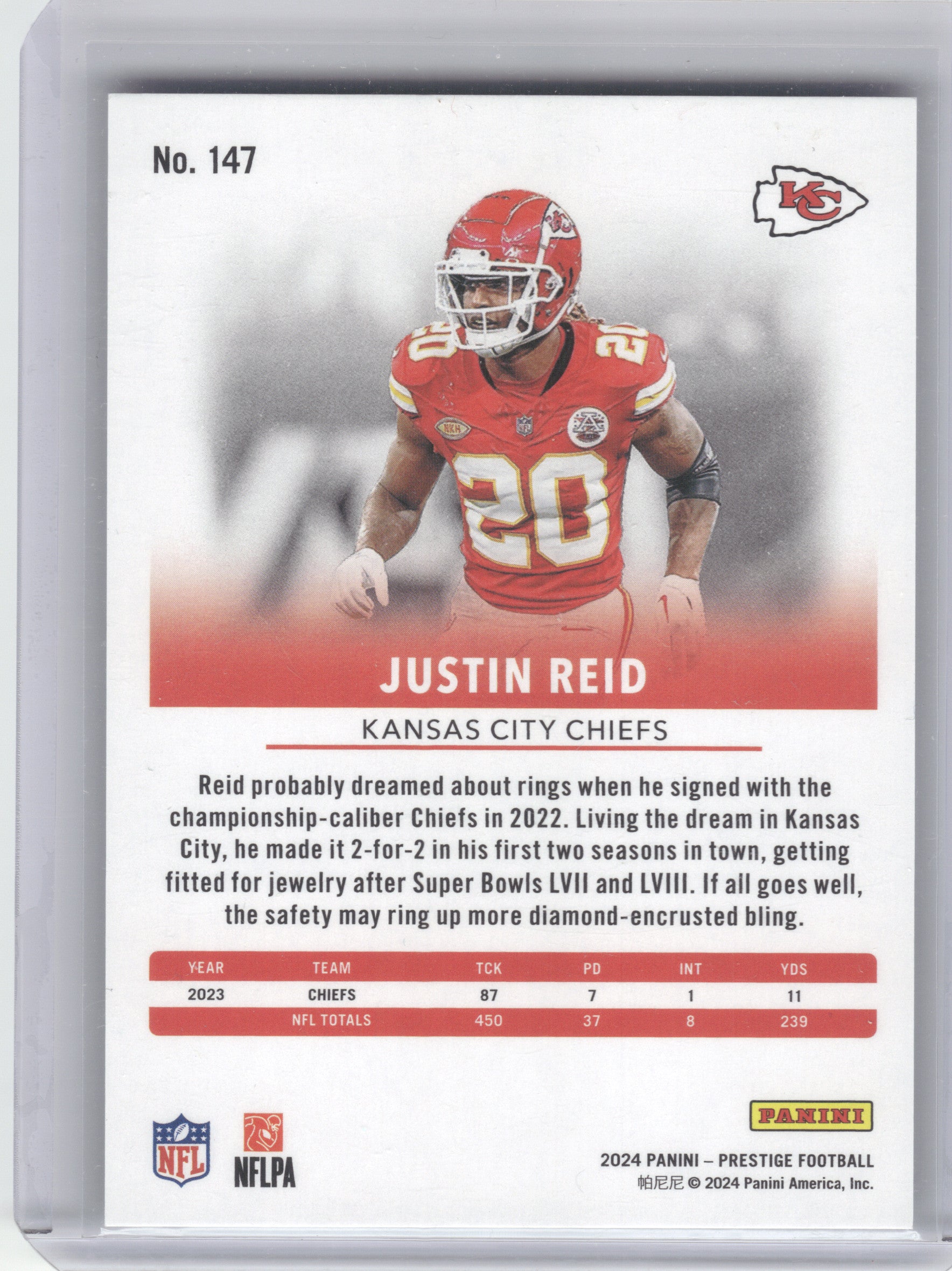 2024 Panini Prestige #147 Justin Reid Green Xtra Points #/299 Kansas City Chiefs SN