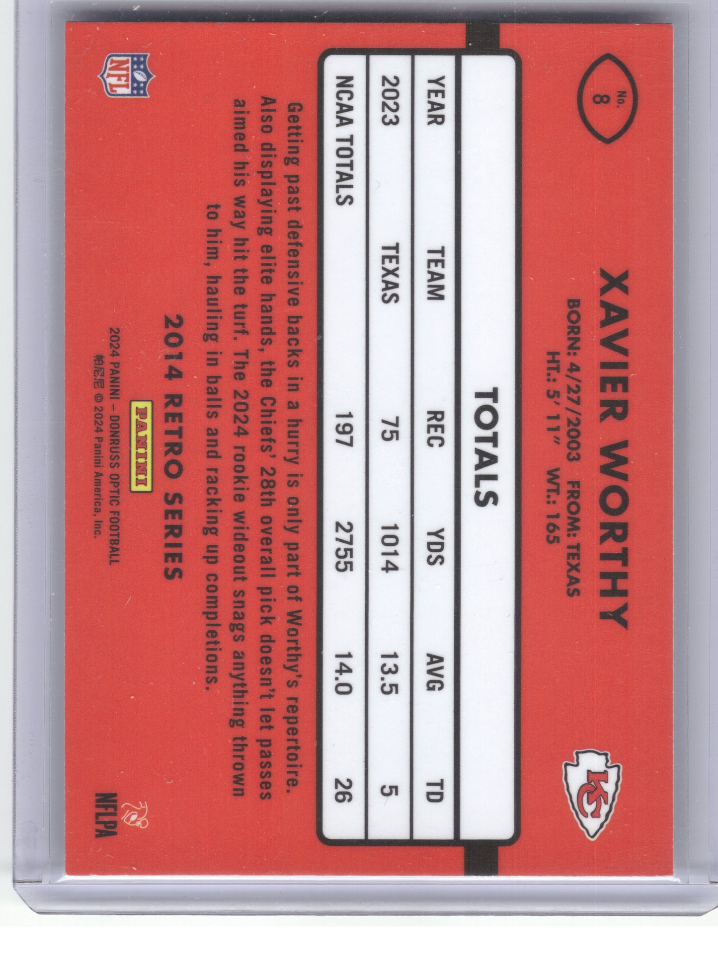 2024 Donruss Optic #8 Xavier Worthy 2014 Retro Series Kansas City Chiefs