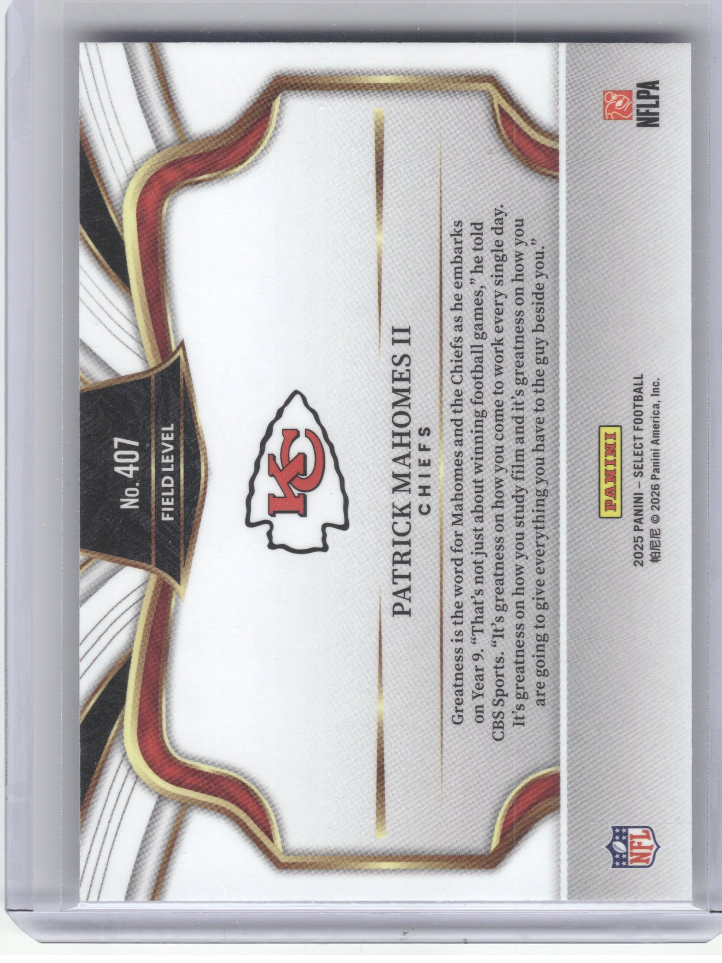 2025 Panini Select #407 Patrick Mahomes II Kansas City Chiefs