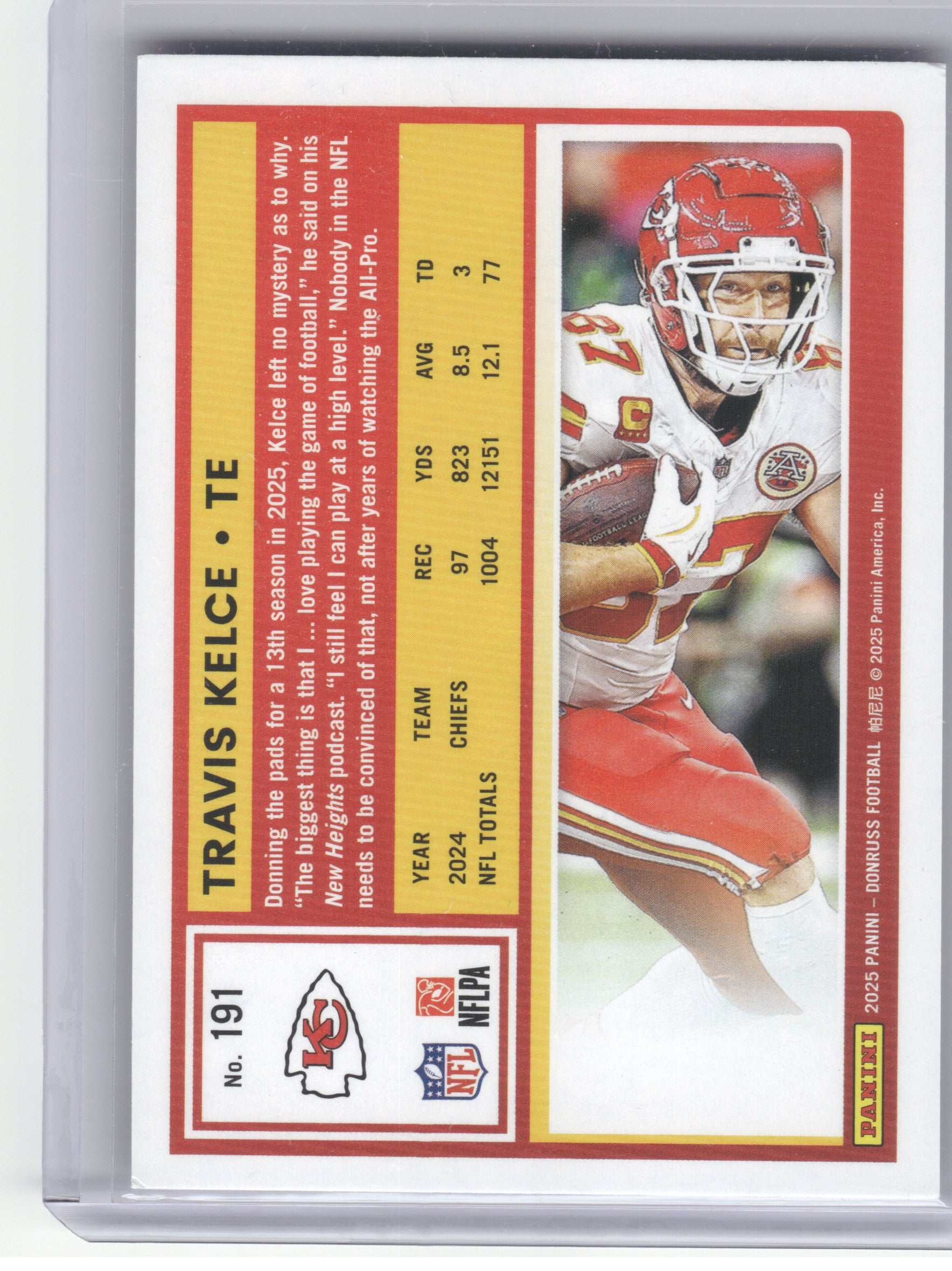 2025 Donruss #191 Travis Kelce Press Proofs Purple Kansas City Chiefs