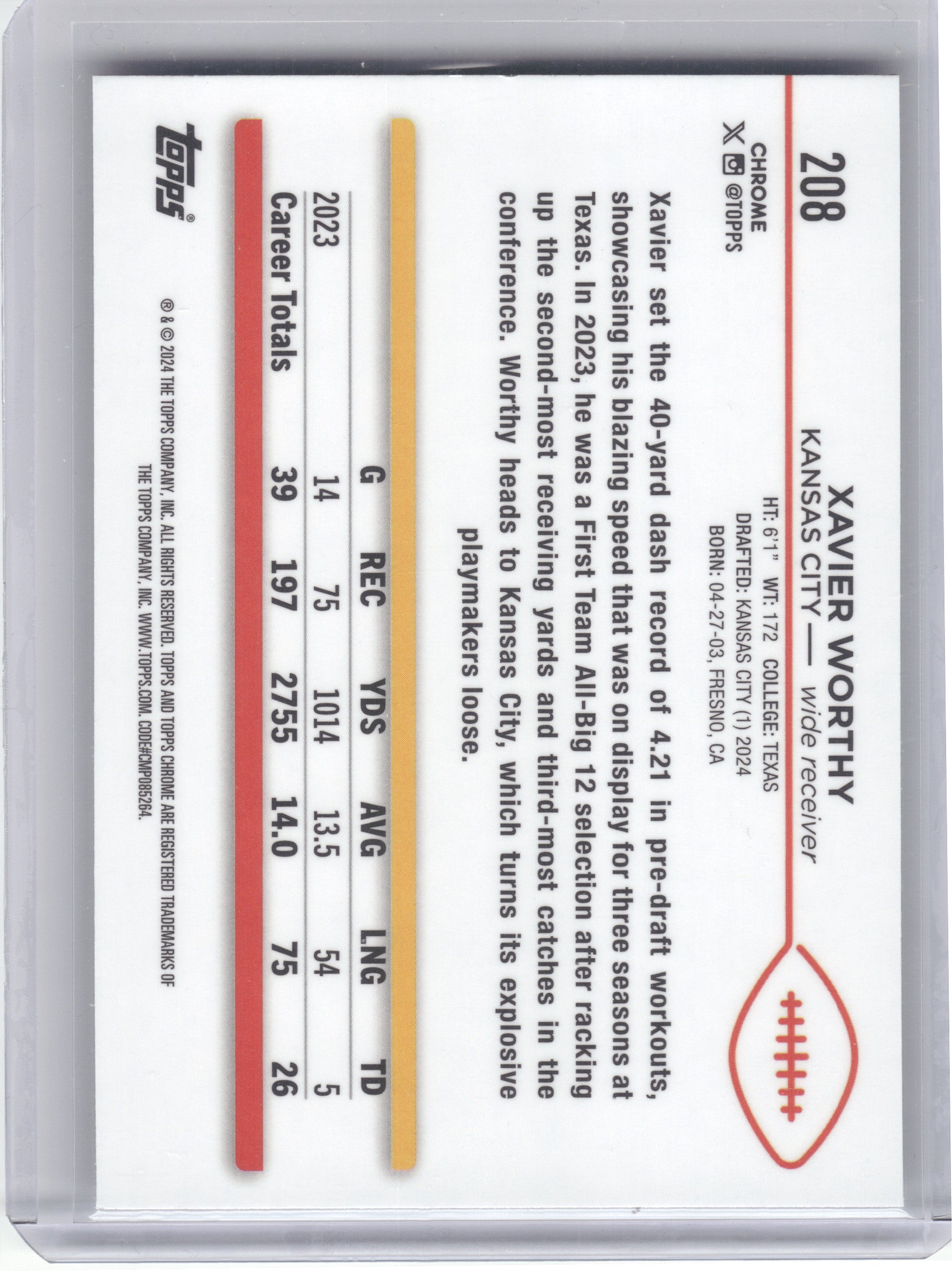 2024 Topps Chrome #208 Xavier Worthy X-Fractor Kansas City Chiefs RC